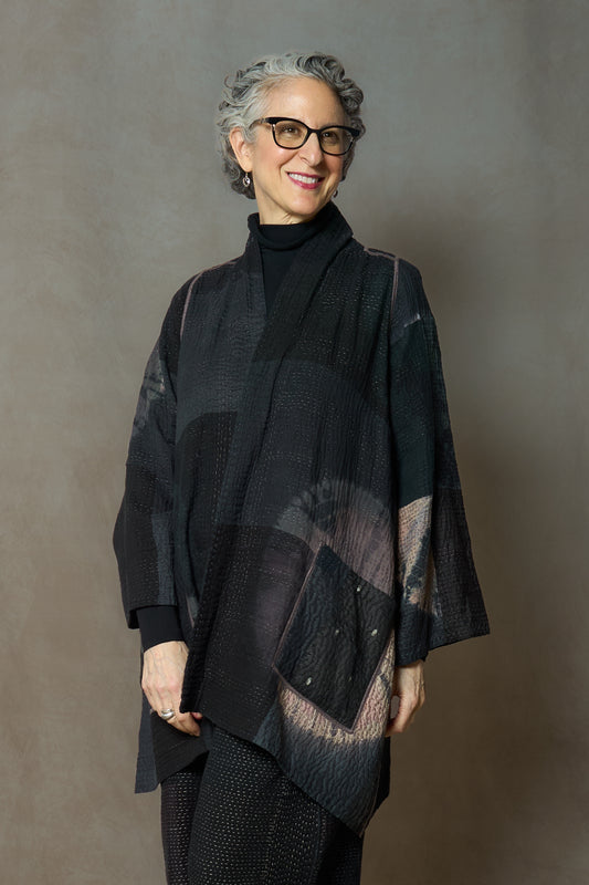 CIRCLE SHIBORI TIE DYE WOVEN PATCH KANTH A-LINE JACKET - tc4003-blk -