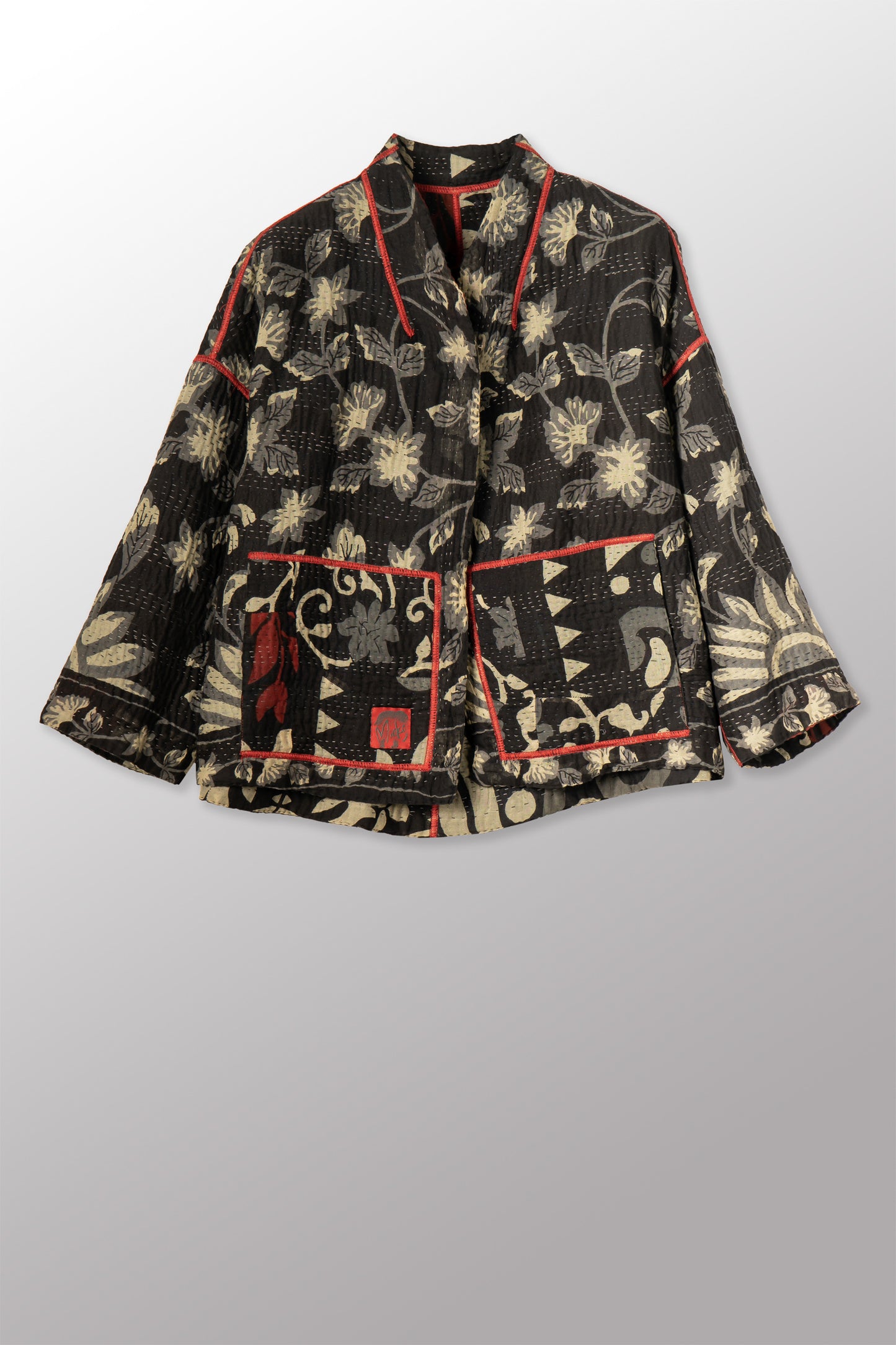 BLACK AND WHITE PRINT PATCH KANTHA STAND COLLAR CROPPED JACKET - pn4034-red -