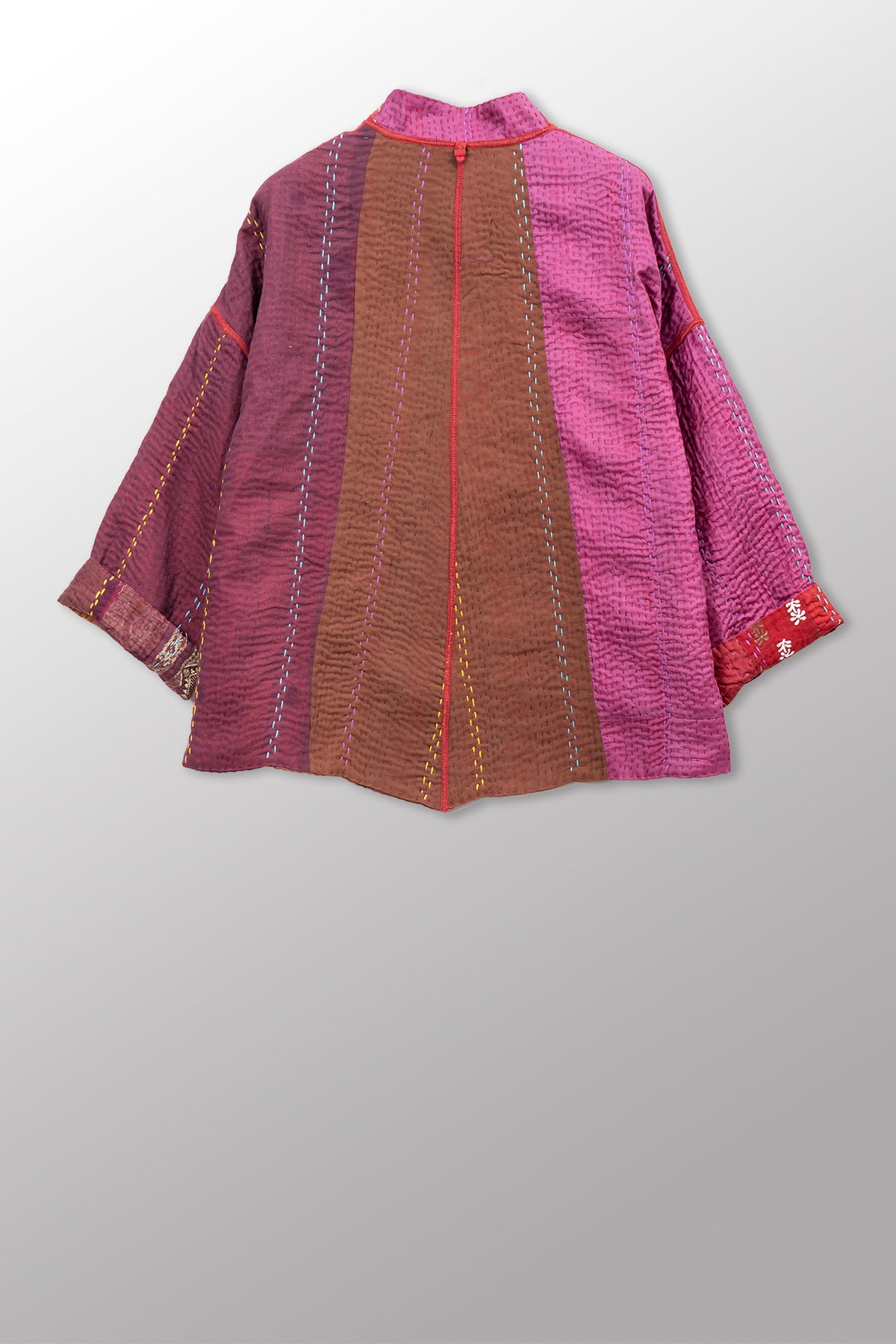 JEWEL WOVEN WITH VERTICAL PATCH KANTHA STAND COLLAR CROPPED JACKET - jv4034-red -