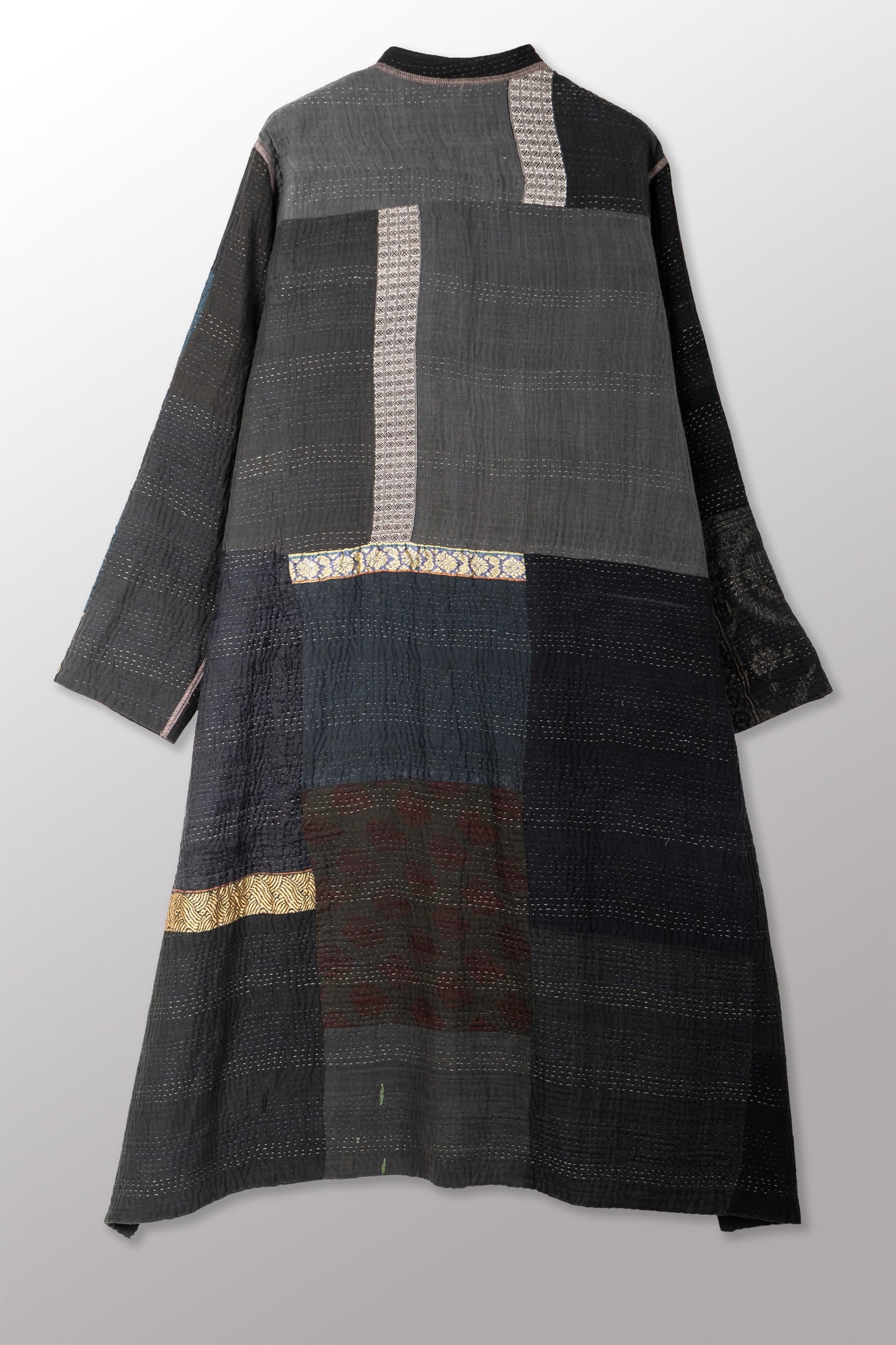 COTTON SILK SW PATCH KANTHA KAFTAN COAT - ws4343-blk -
