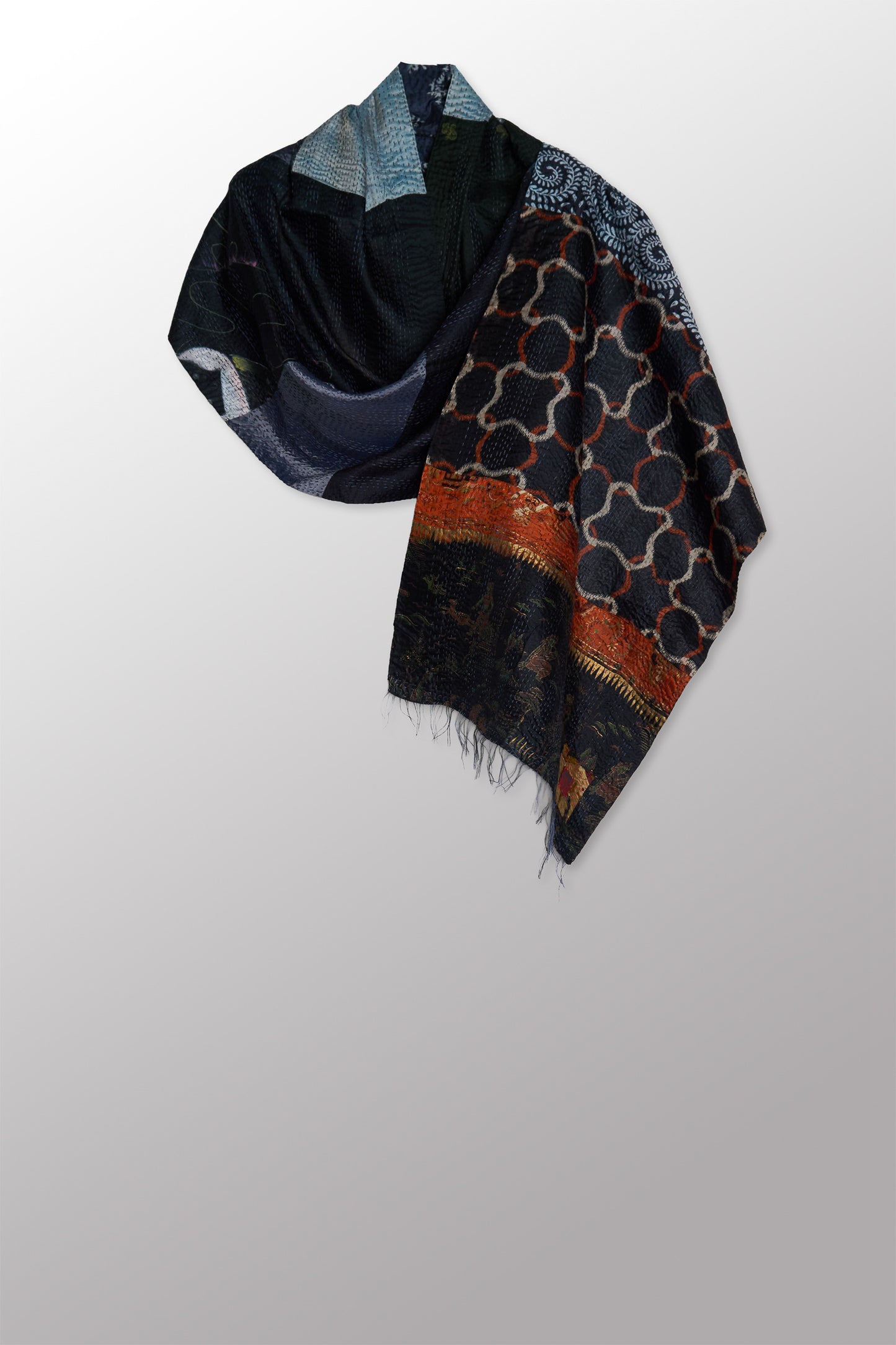 VINTAGE SILK PATCH KANTHA SCARF STANDARD - vp2801-blk -