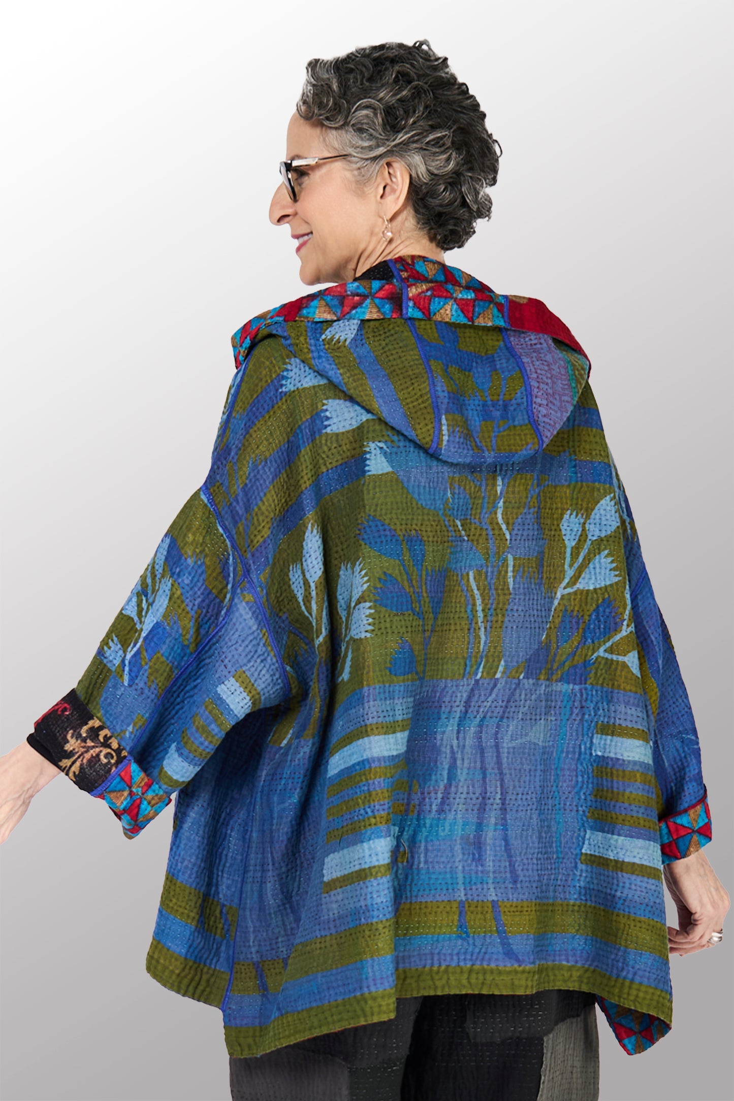 VINTAGE COTTON KANTHA HOODIE PONCHO - cv4064-0033a -