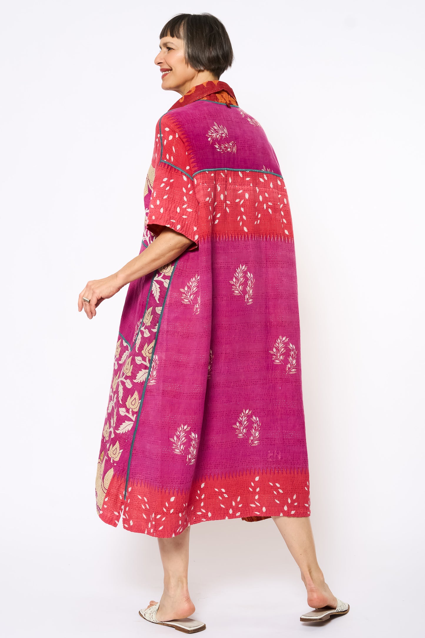 COTTON OVERDYE KANTHA WING COLLAR DRESS - ov2454-corg001a -