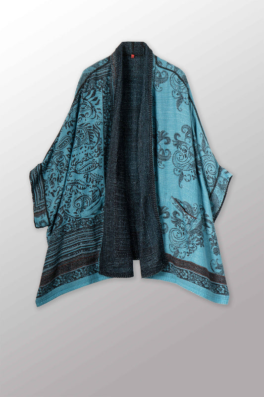 OVERDYED COTTON PAISLEY KANTHA DOUBLE COLLAR PONCHO - ov-cp2323-blu -