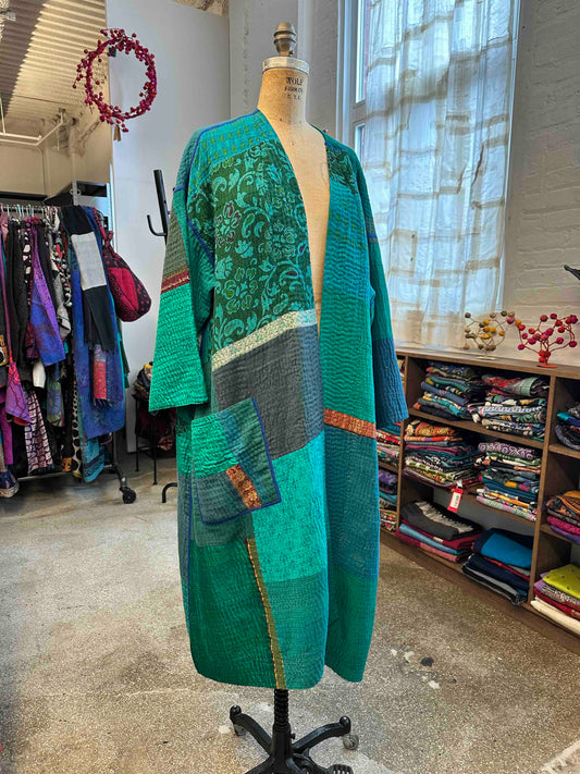 COTTON SILK SW PATCH KANTHA LONG DUSTER - ws4328-tel -