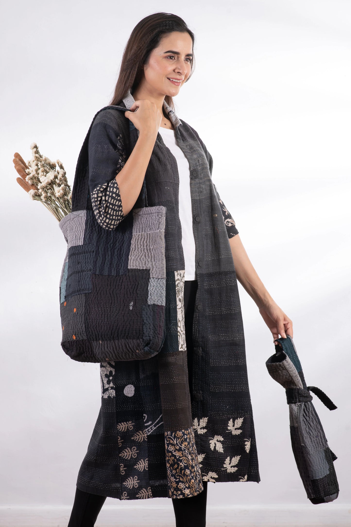 Landscape Handmade Vintage Kantha Wine Bag -Black