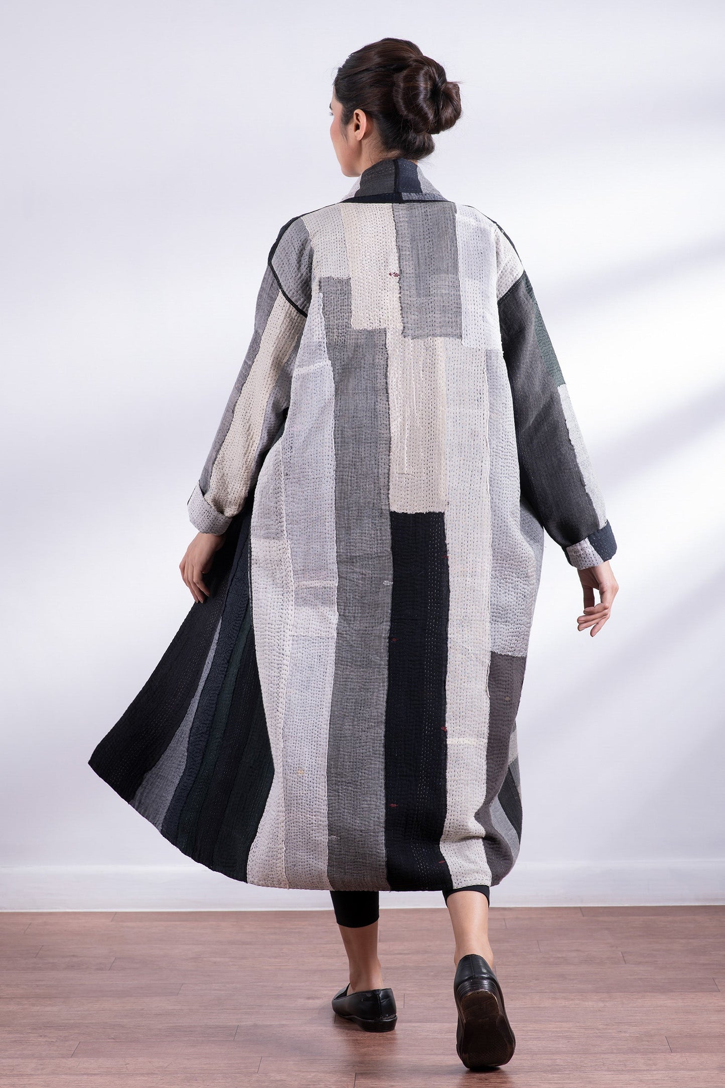 STRIPE AND CHECK COTTON SILK PATCH KANTHA ROBE COAT - ss4329-blk -