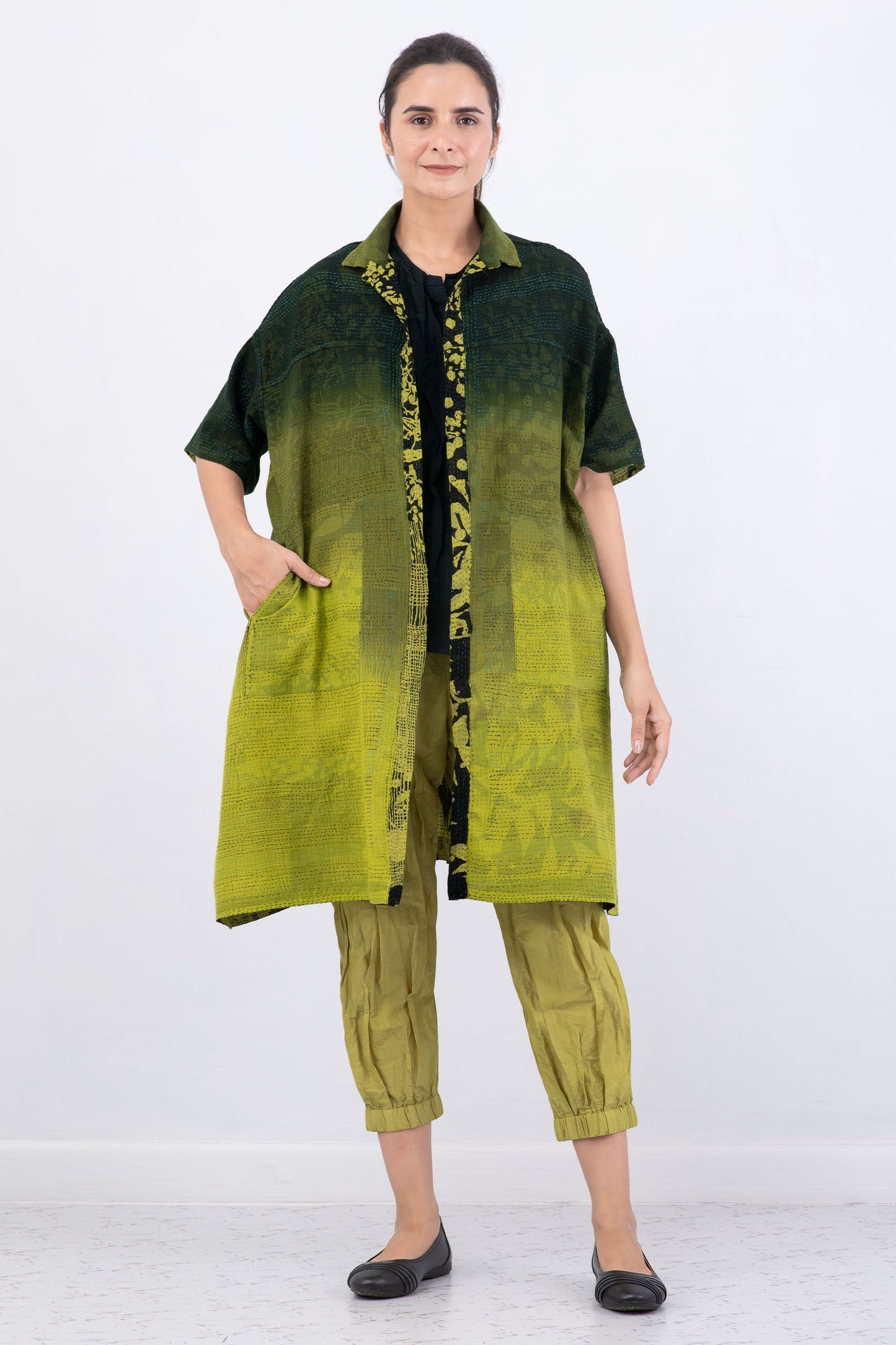 MONOTONE TWILIGHT PRINT KANTHA HALF SLV. SHIRT DRESS - tp2429-cha -