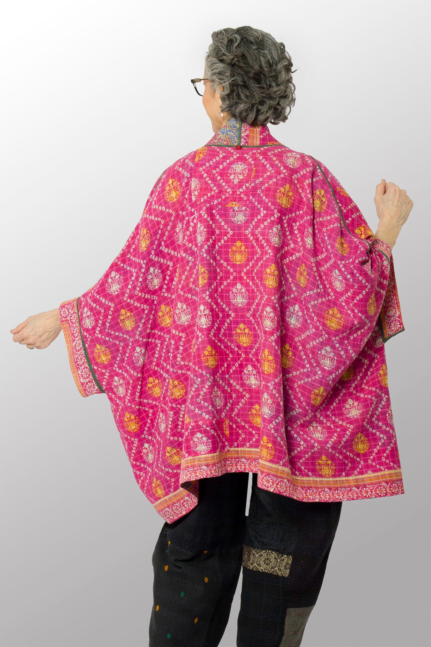 VINTAGE COTTON KANTHA DOUBLE COLLAR PONCHO - cv2323-0007a -