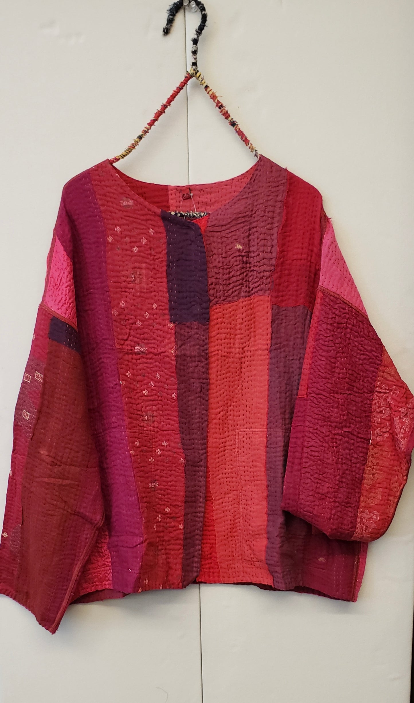 STRIPE AND CHECK COTTON SILK PATCH KANTHA CREW NECK SHORT JACKET - ss4053-red -