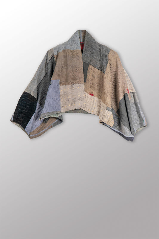 FRAYED PATCH KANTHA PUFF SLV. SHRUG - fi4062-glk -