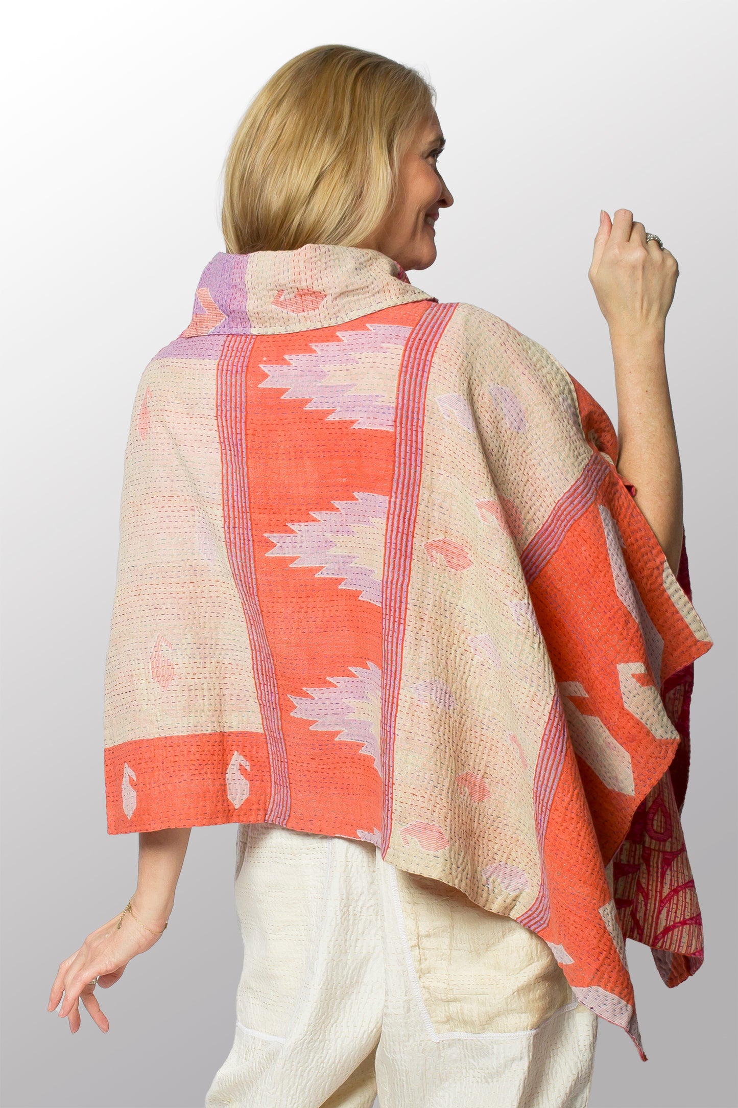 VINTAGE COTTON KANTHA COWL NECK LONG CAPE