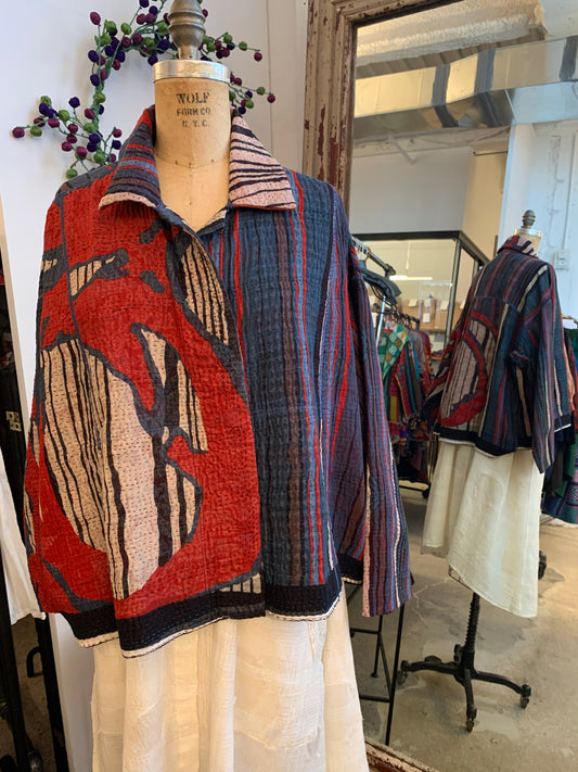 STRIPE AND BENDS KANTHA CROPPED SHIRT JACKET - sb4075-red -