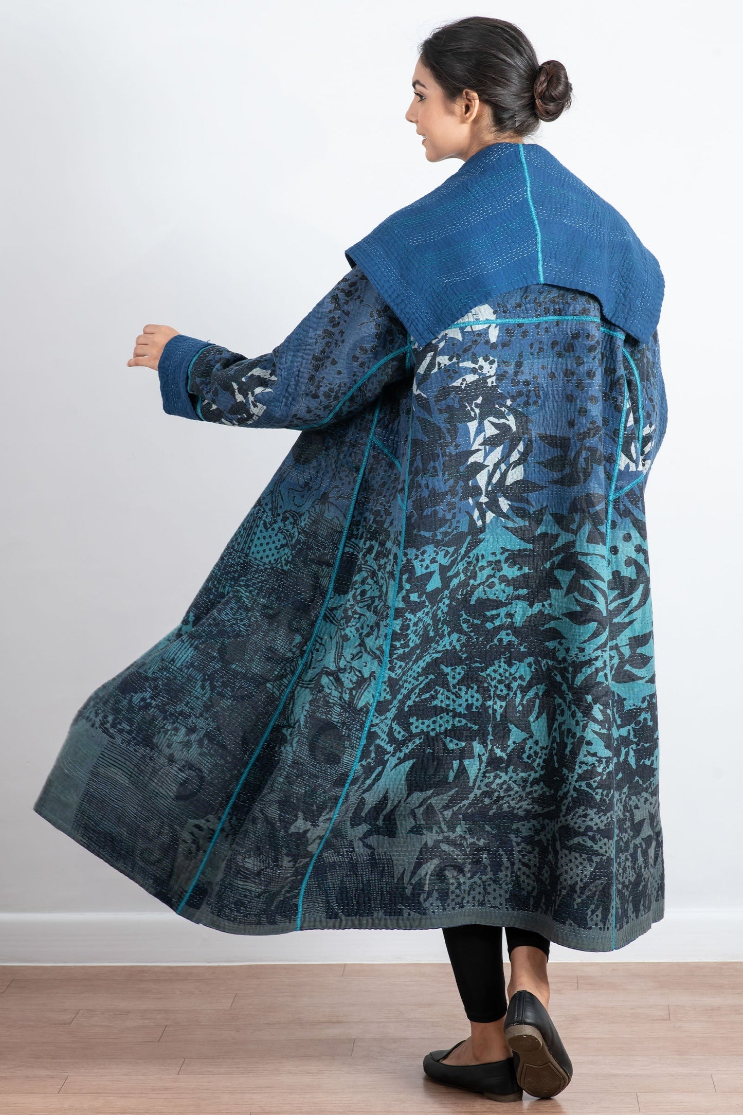 MONOTONE TWILIGHT PRINT KANTHA A-LINE LONG COAT - tp4302-blu -