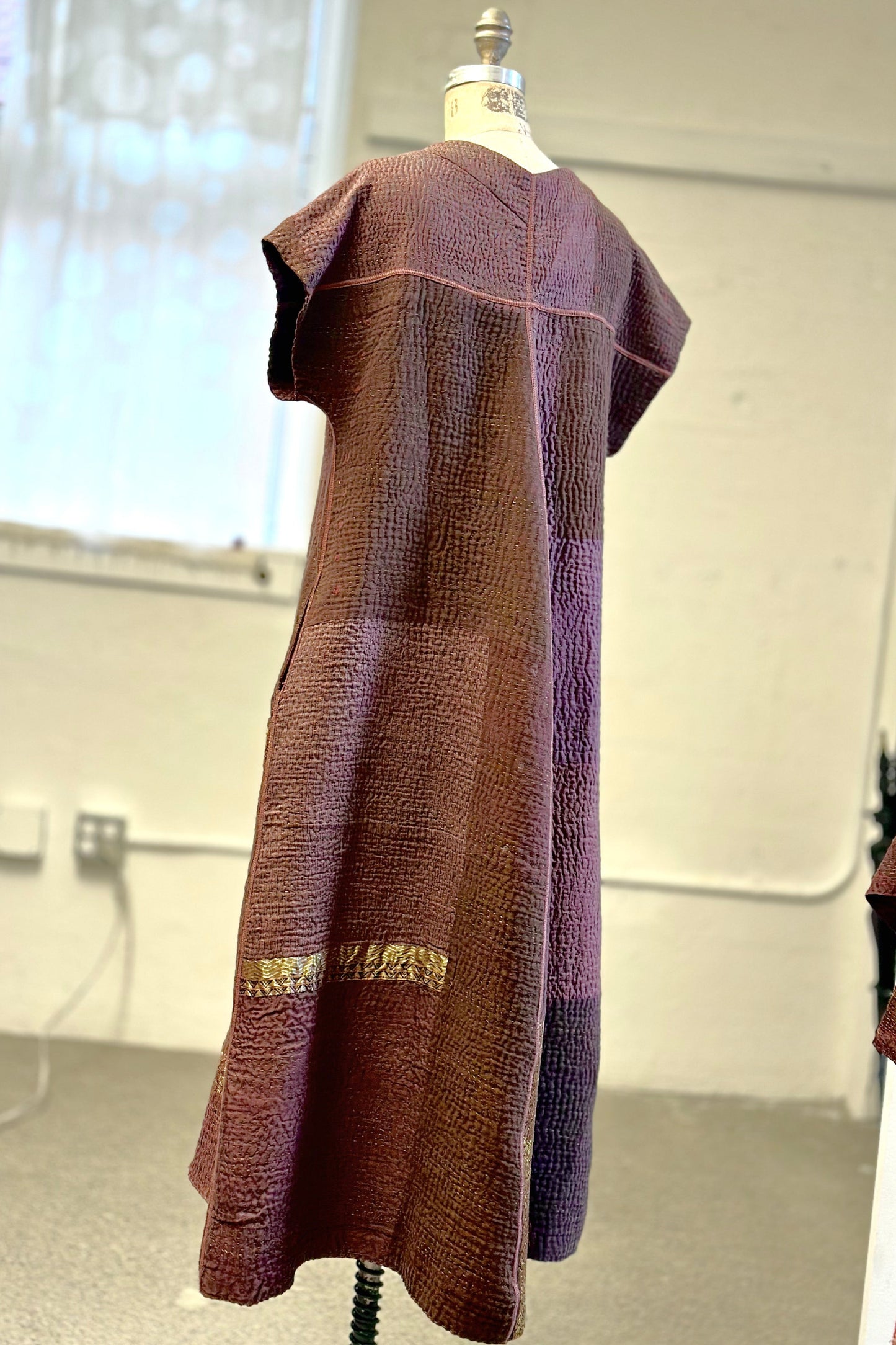 COTTON SILK SW PATCH KANTHA SEMI BIAS V-NECK DRESS (470) - ws4470-brn -