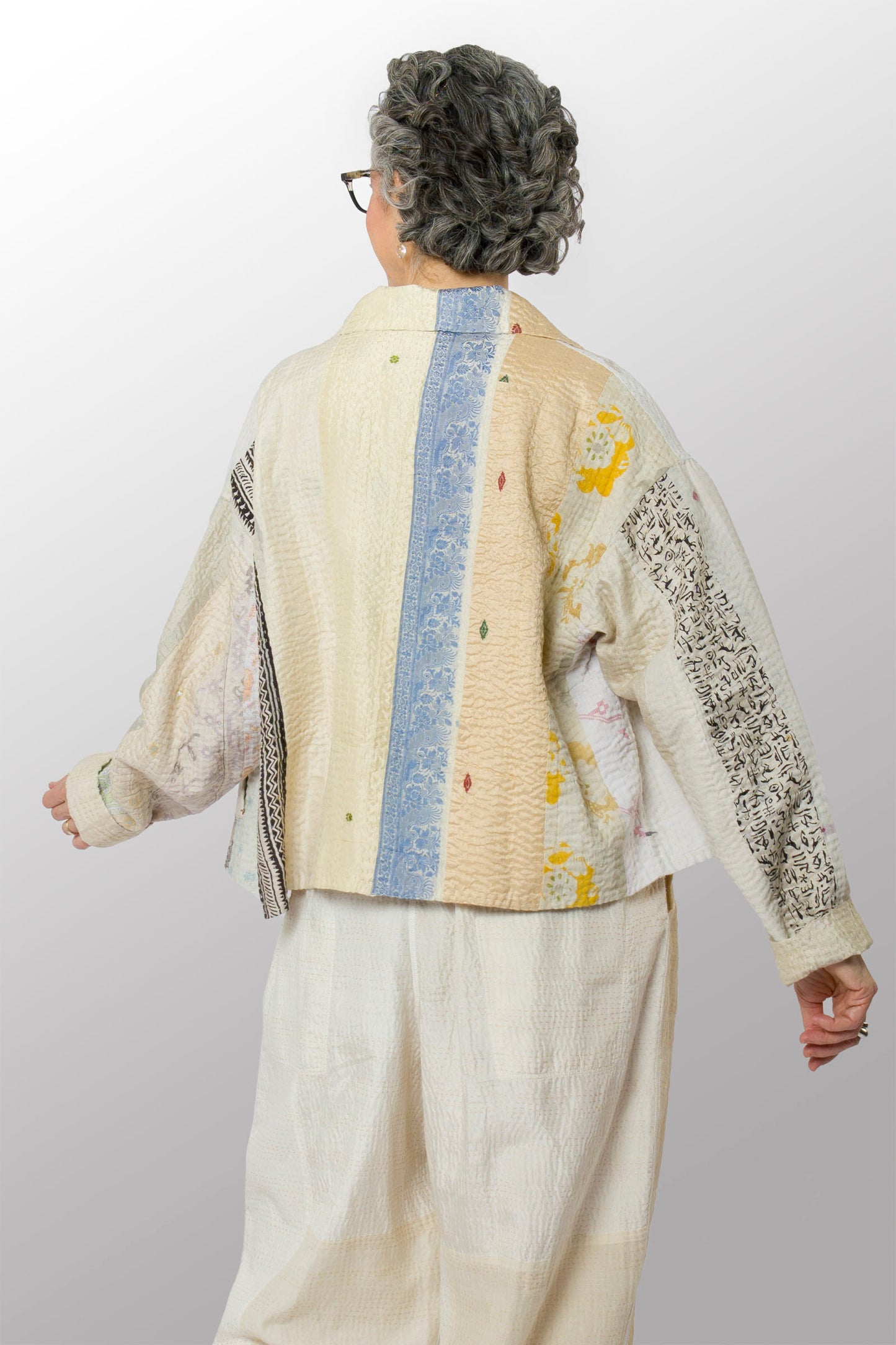 JEWEL WOVEN WITH VERTICAL PATCH KANTHA LAPELED SHORT JACKET - jv4081-ivy -