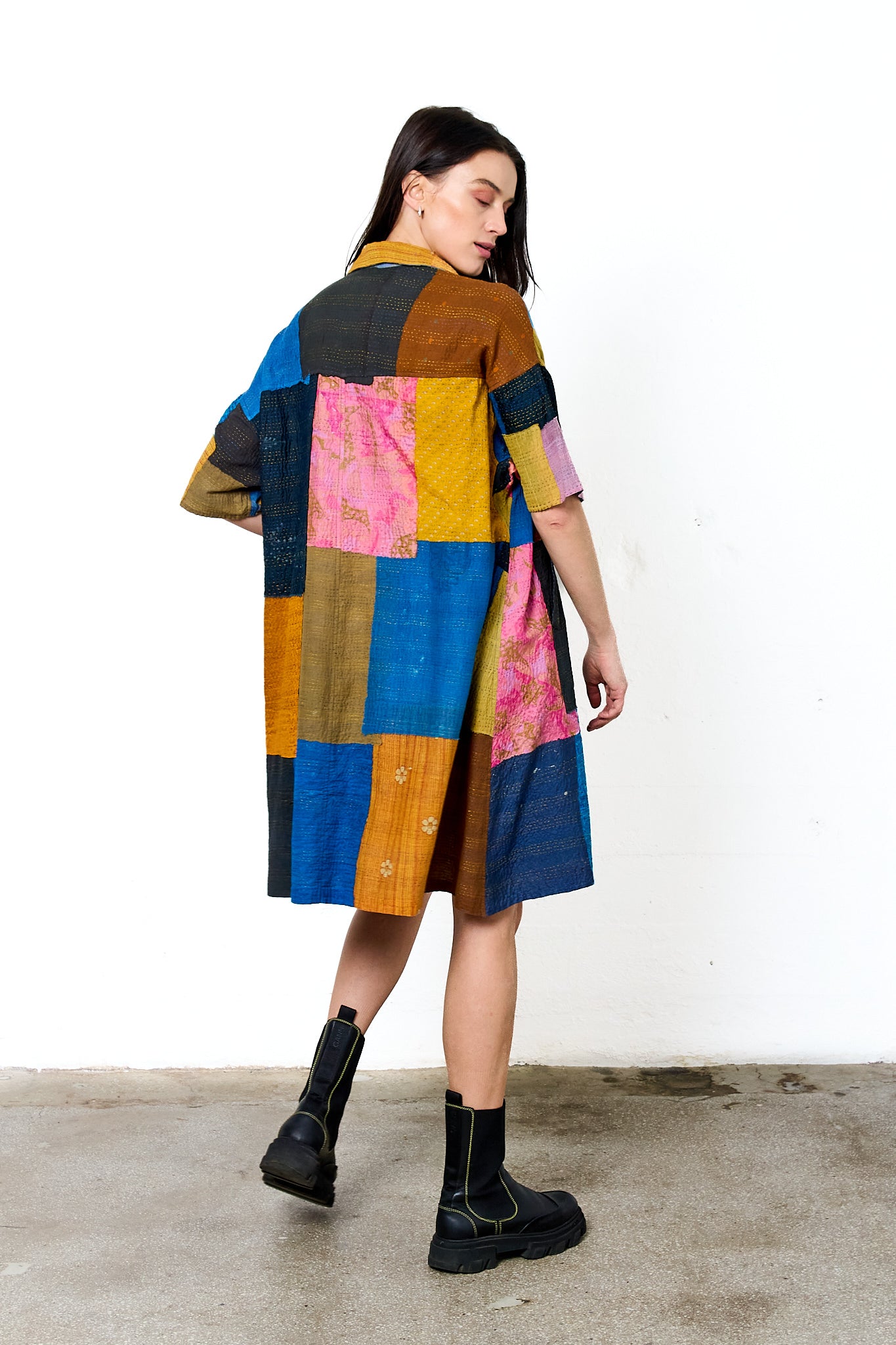 MOSAIC FRAY PATCH KANTHA HALF SLV. SHIRT DRESS - zb2429-mlt -