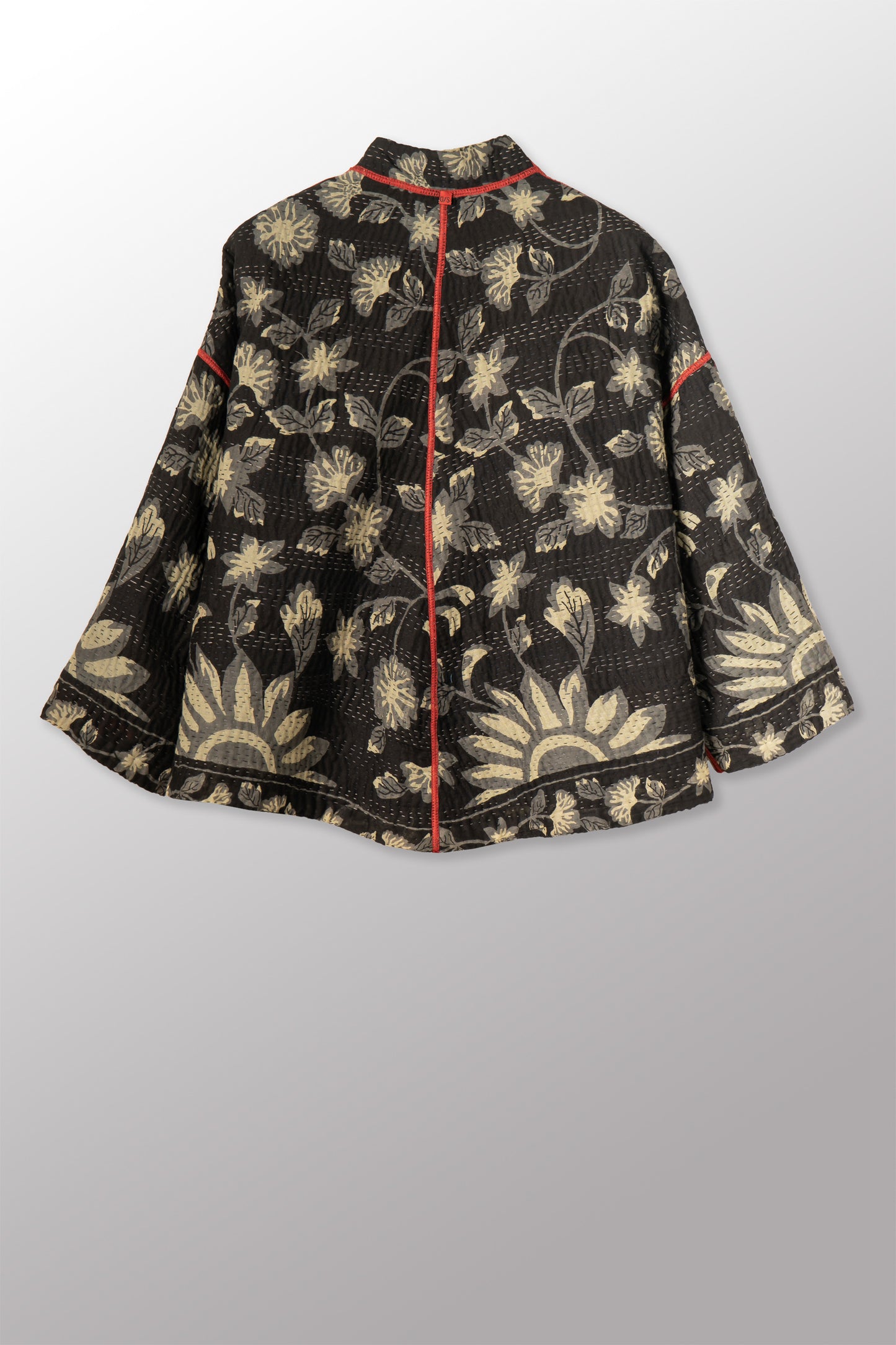 BLACK AND WHITE PRINT PATCH KANTHA STAND COLLAR CROPPED JACKET - pn4034-blk -