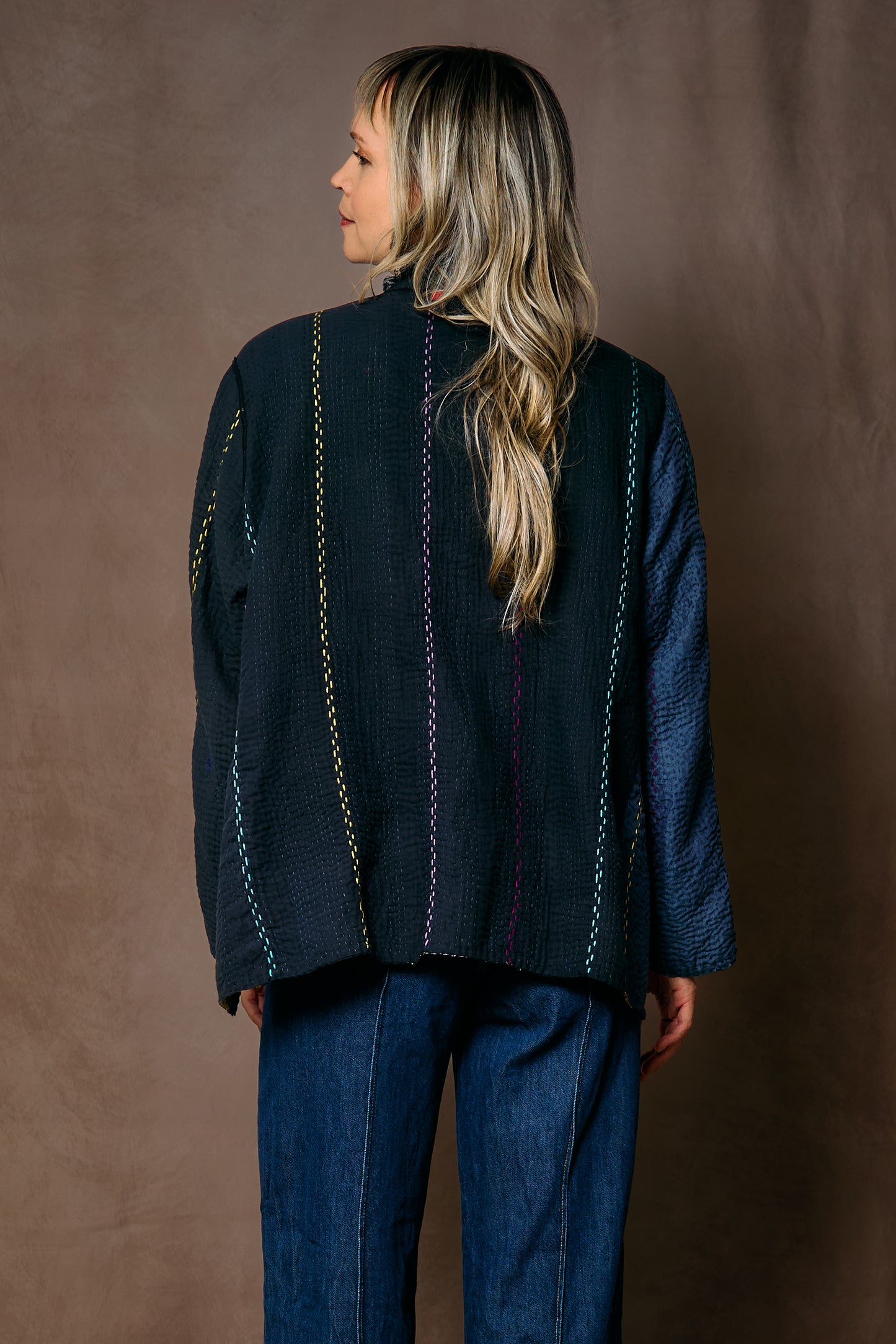JEWEL WOVEN WITH VERTICAL PATCH KANTHA KAFTAN JACKET SHORT - jv4088-blk -