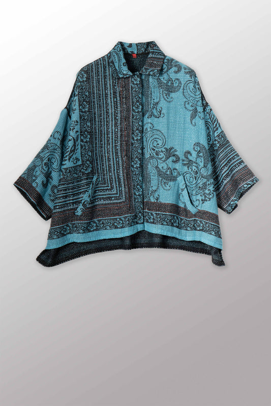 OVERDYED COTTON PAISLEY KANTHA CROPPED TENT SHIRT - ov-cp2596-blu -