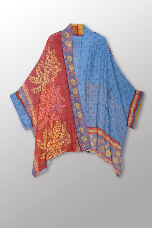 VINTAGE COTTON KANTHA DOUBLE COLLAR PONCHO - cv2323-0004a -