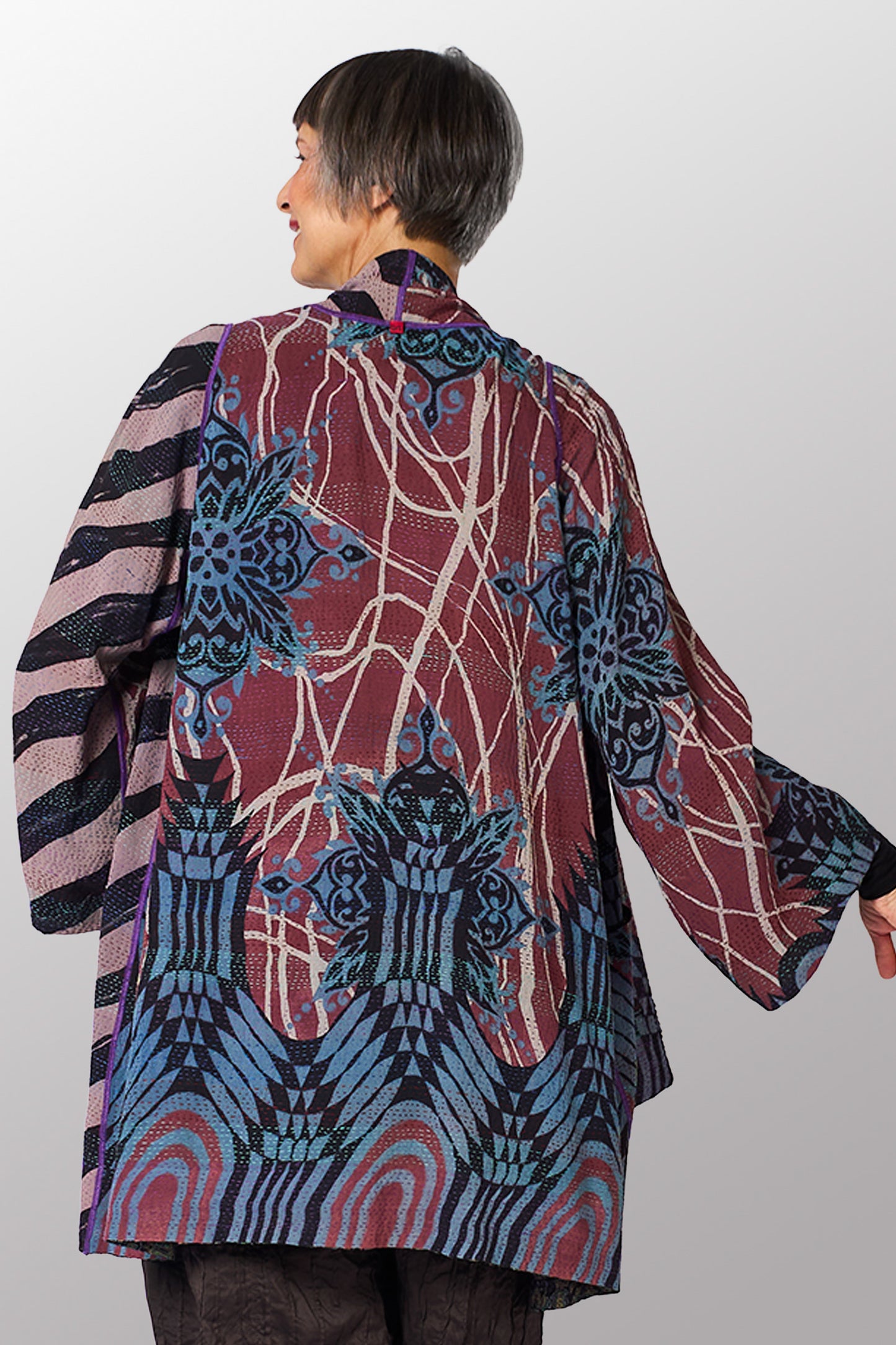 VINTAGE SILK GEORGETTE KANTHA A-LINE JKT - sg2003-0012a -