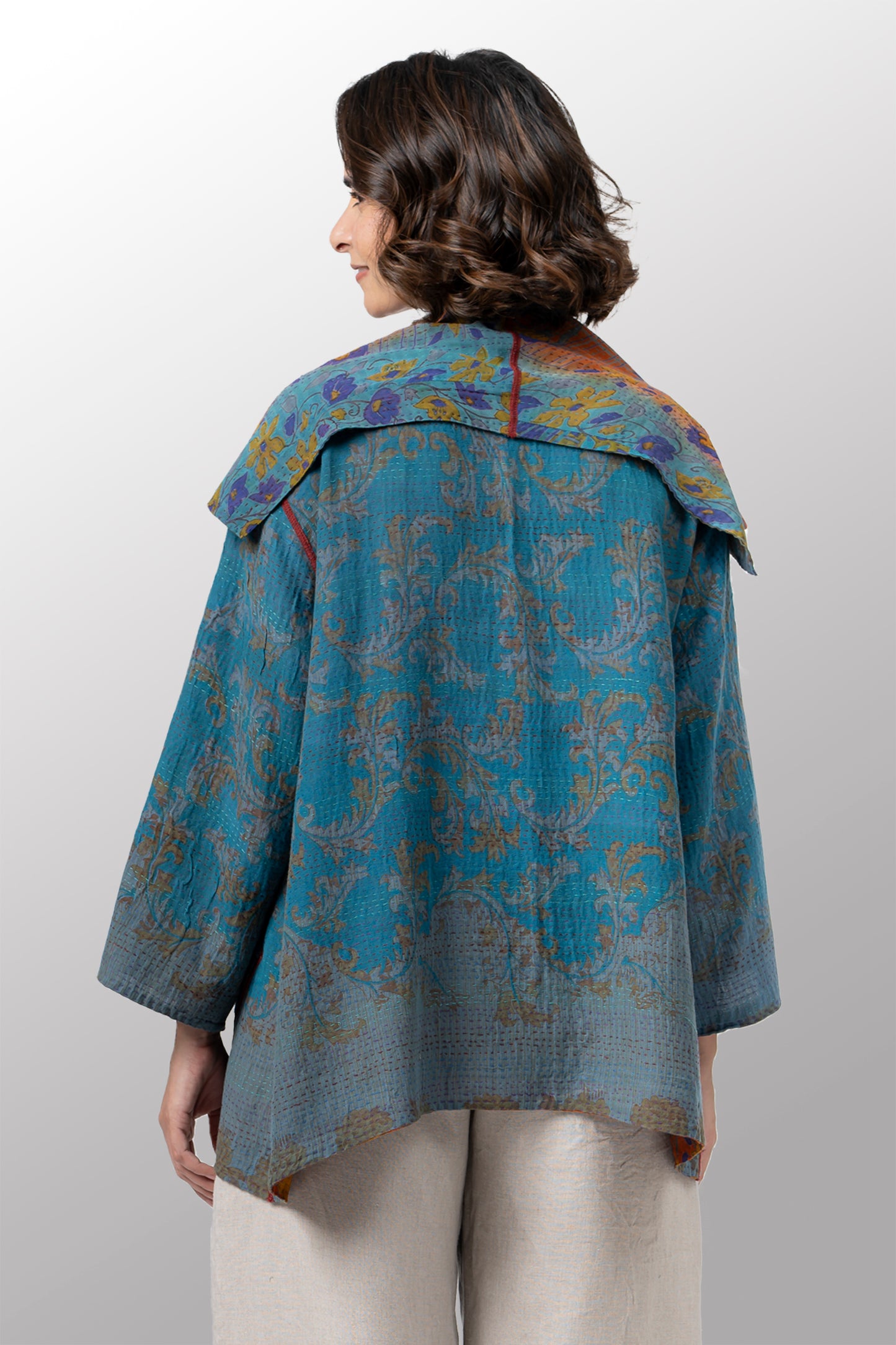 VINTAGE SILK GEORGETTE COTTON KANTHA FLARE JKT - gc2010-0016a -