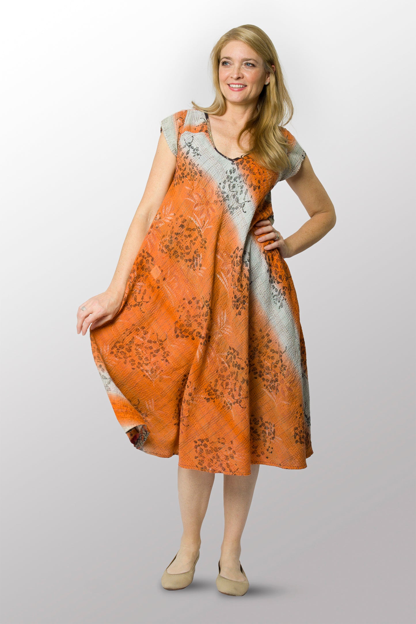 VINTAGE COTTON KANTHA CAP SLV. FLARE DRESS - cv2425-0016m -