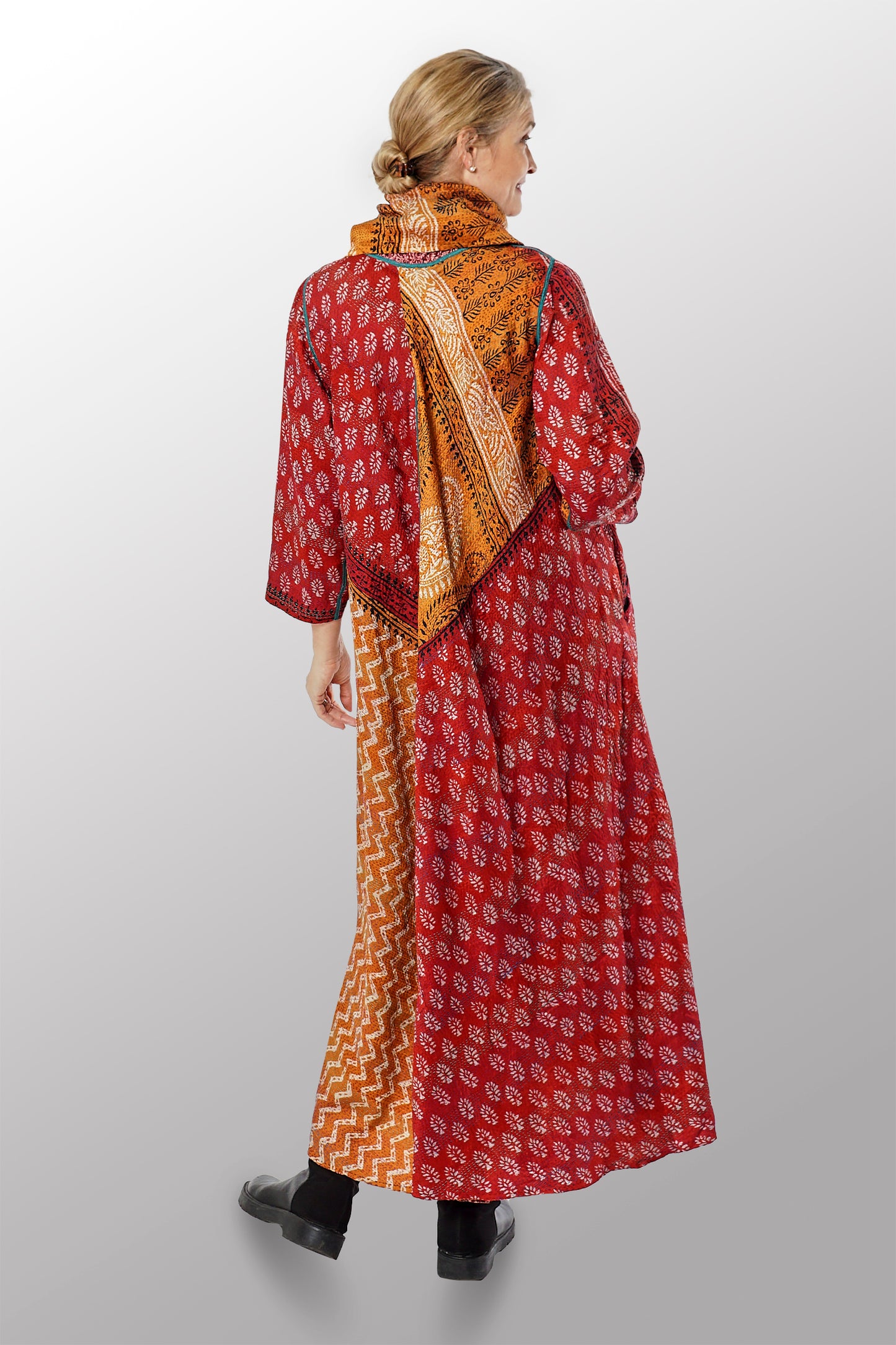 VINTAGE SILK GEORGETTE KANTHA COWL NECK LONG SLEEVE DRESS - sg2450-0004s -