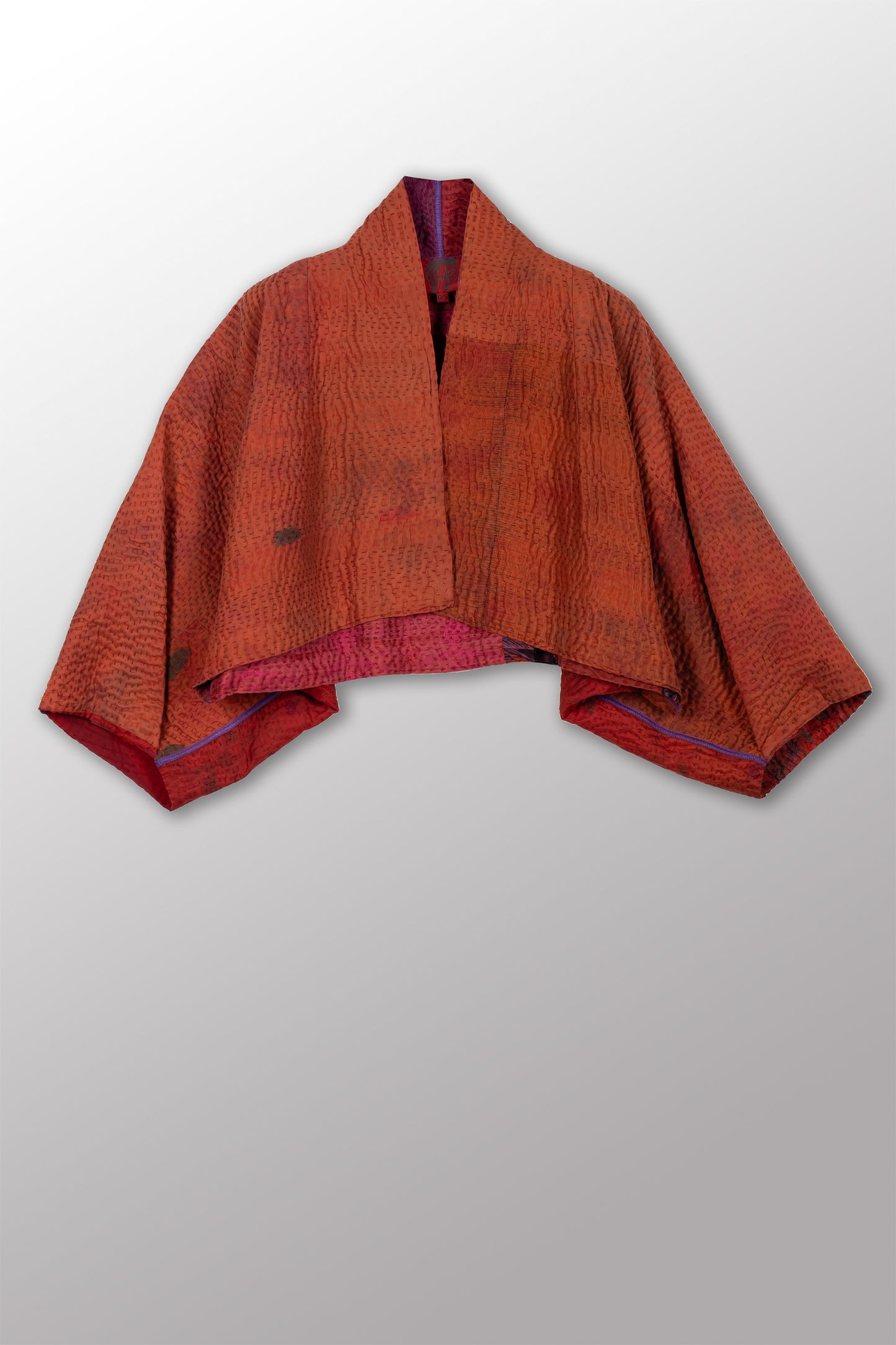 GEORGETTE JACQUARD VINTAGE SILK PATCH KANTHA PUFF SLV. SHRUG - gj4062-org -