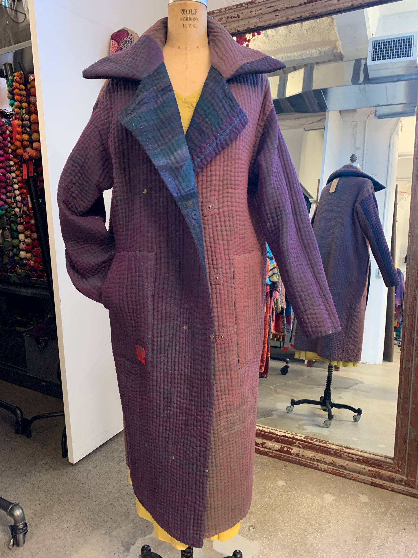 QUILTED OVERDYE COTTON KANTHA DOUBLE BREAST LONG COAT - oq5340-cblu001a -