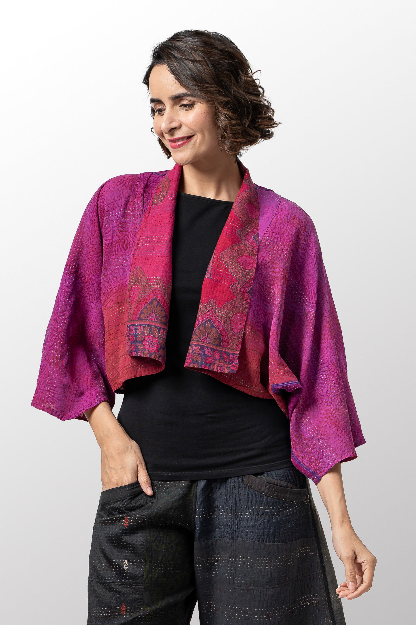 VINTAGE SILK GEORGETTE COTTON KANTHA PUFF SLV. SHRUG - gc2062-0002a -