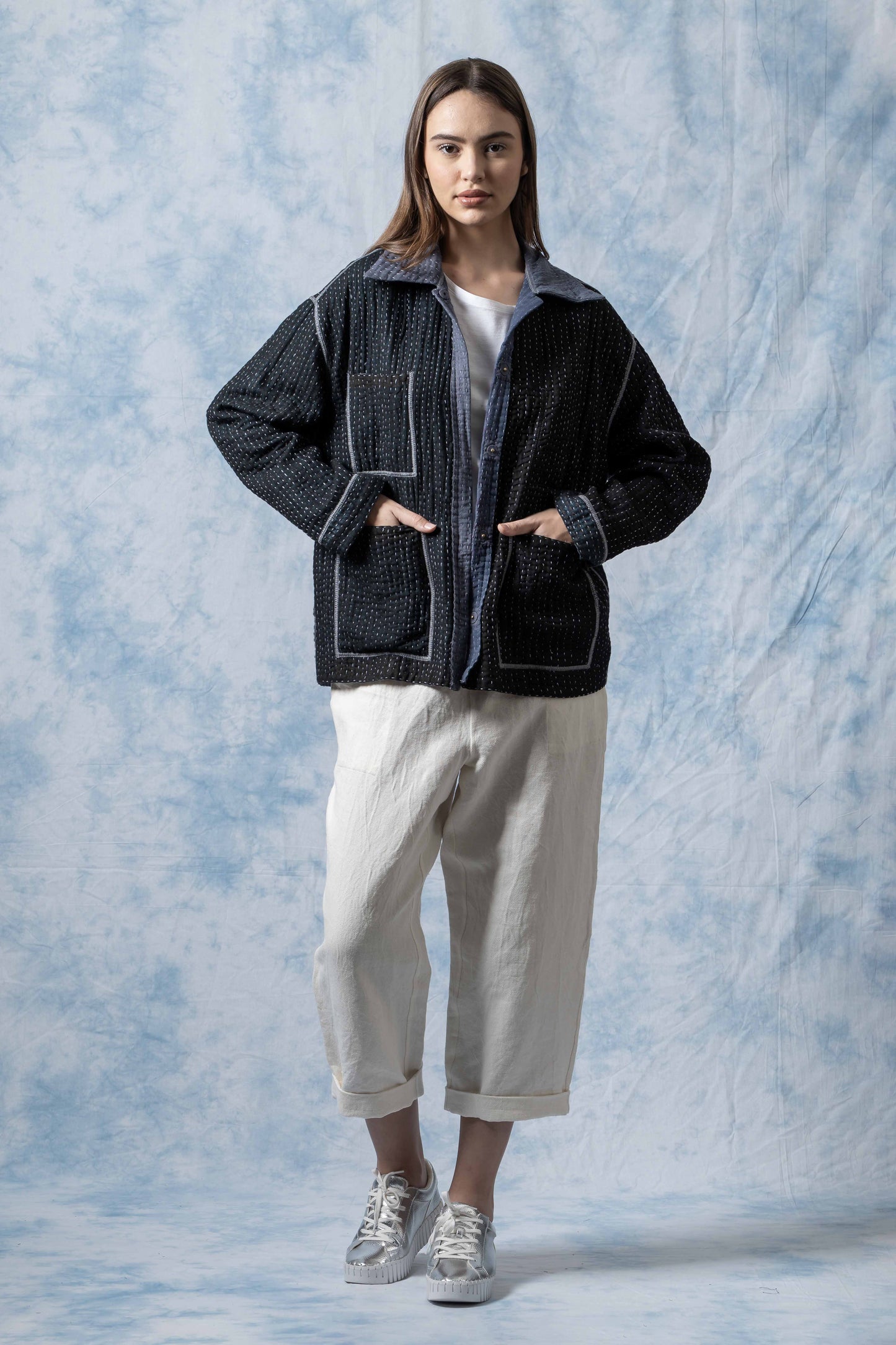 BBK SOLID KANTHA WORKERS JACKET - bl-bbs4085-nvy -