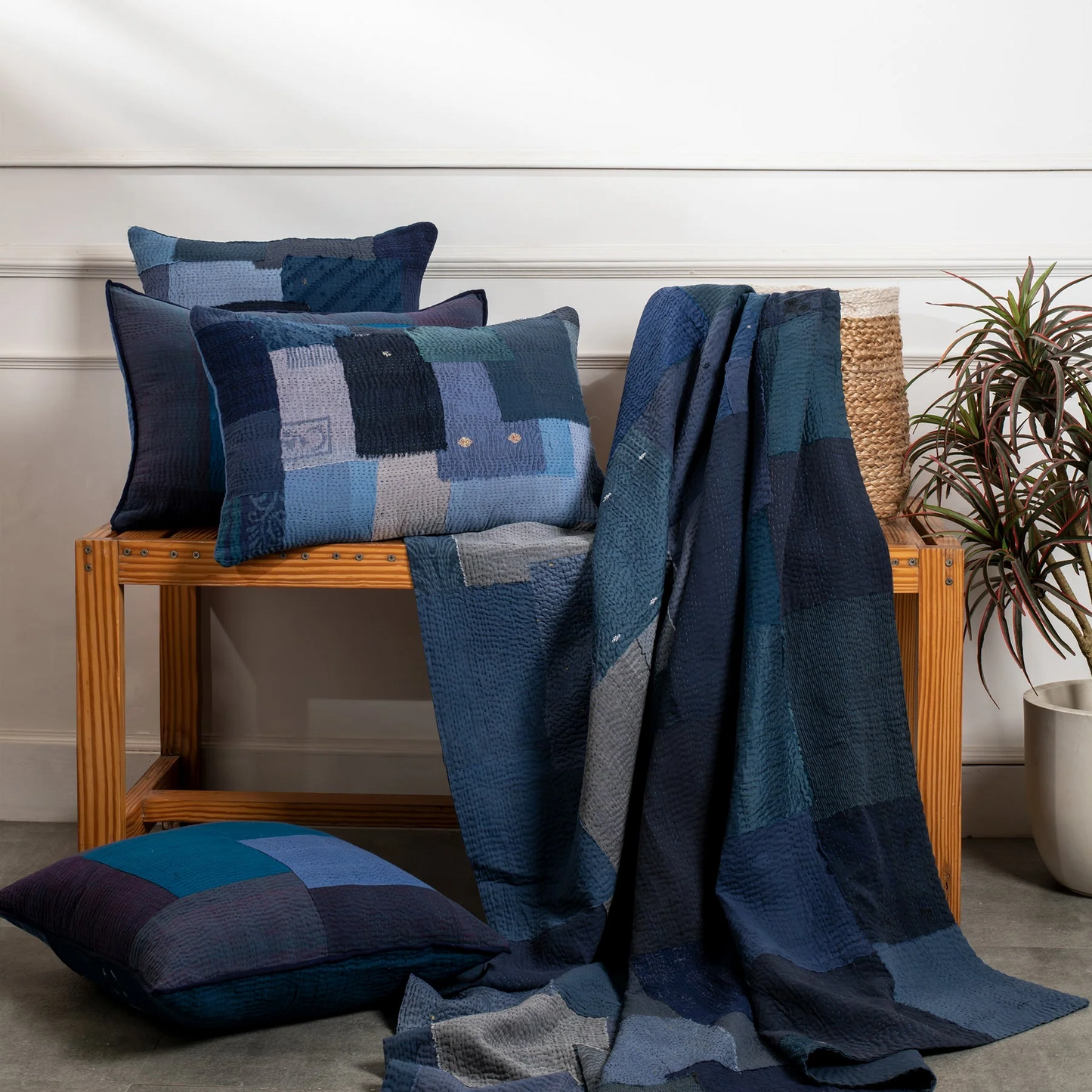 Landscape Handmade Vintage Kantha Bedcover -Navy -