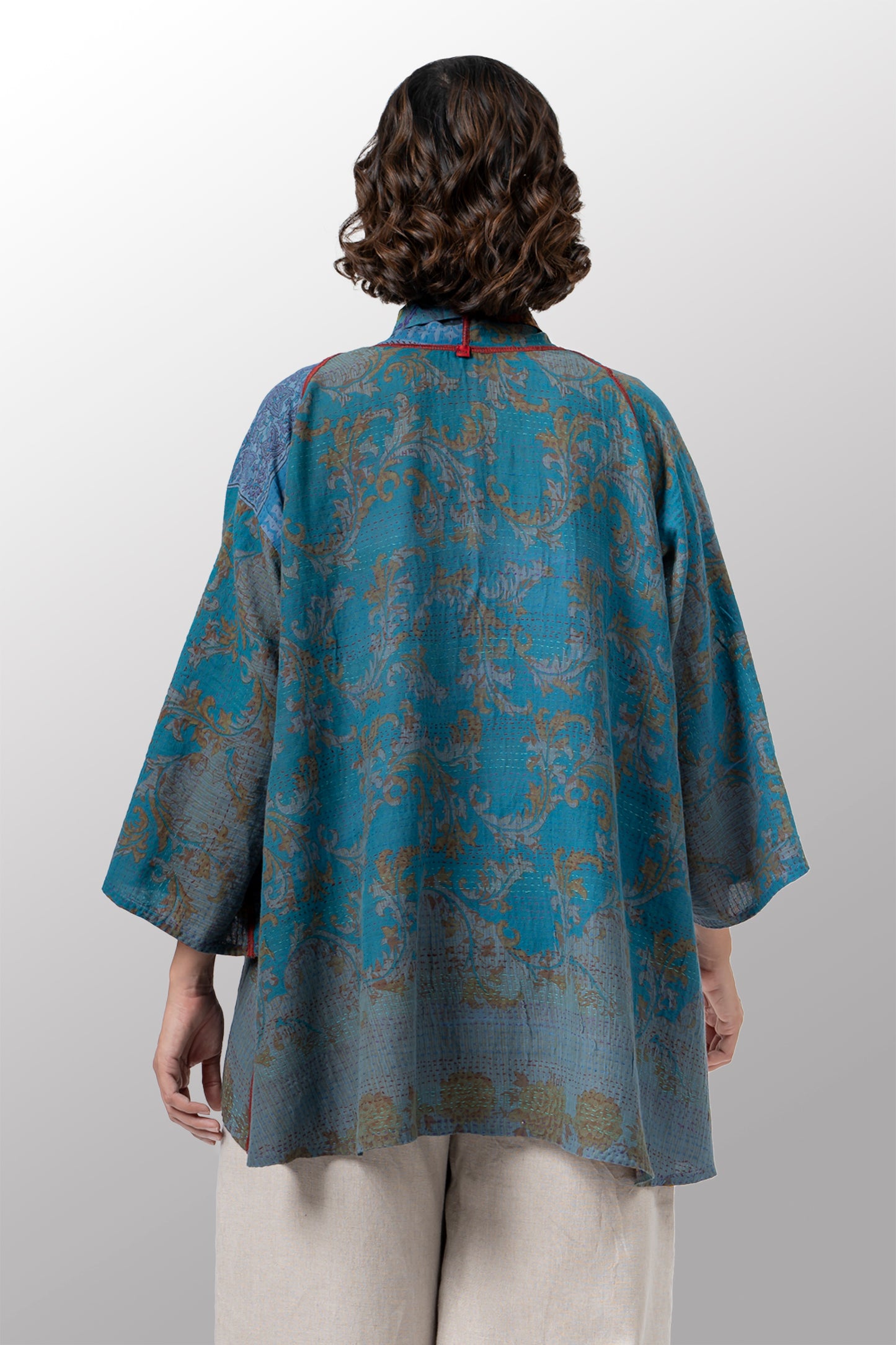 VINTAGE SILK GEORGETTE COTTON KANTHA KIMONO JKT - gc2004-0008a -