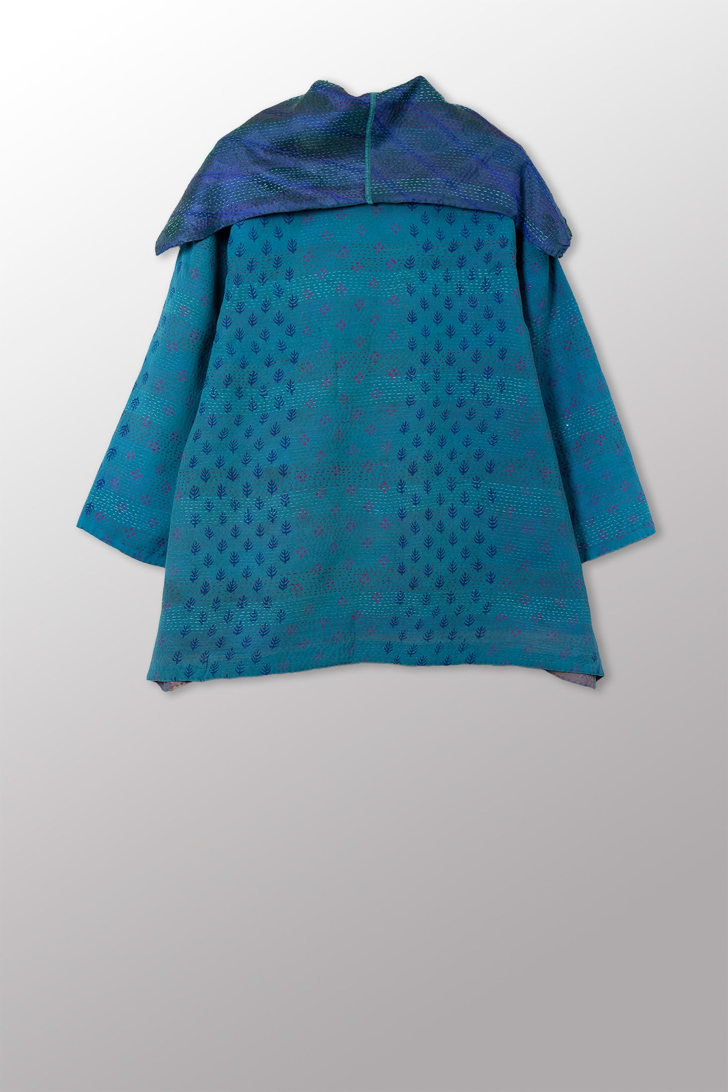 GEORGETTE JACQUARD VINTAGE SILK PATCH KANTHA FLARE JACKET - gj2010-0001a -