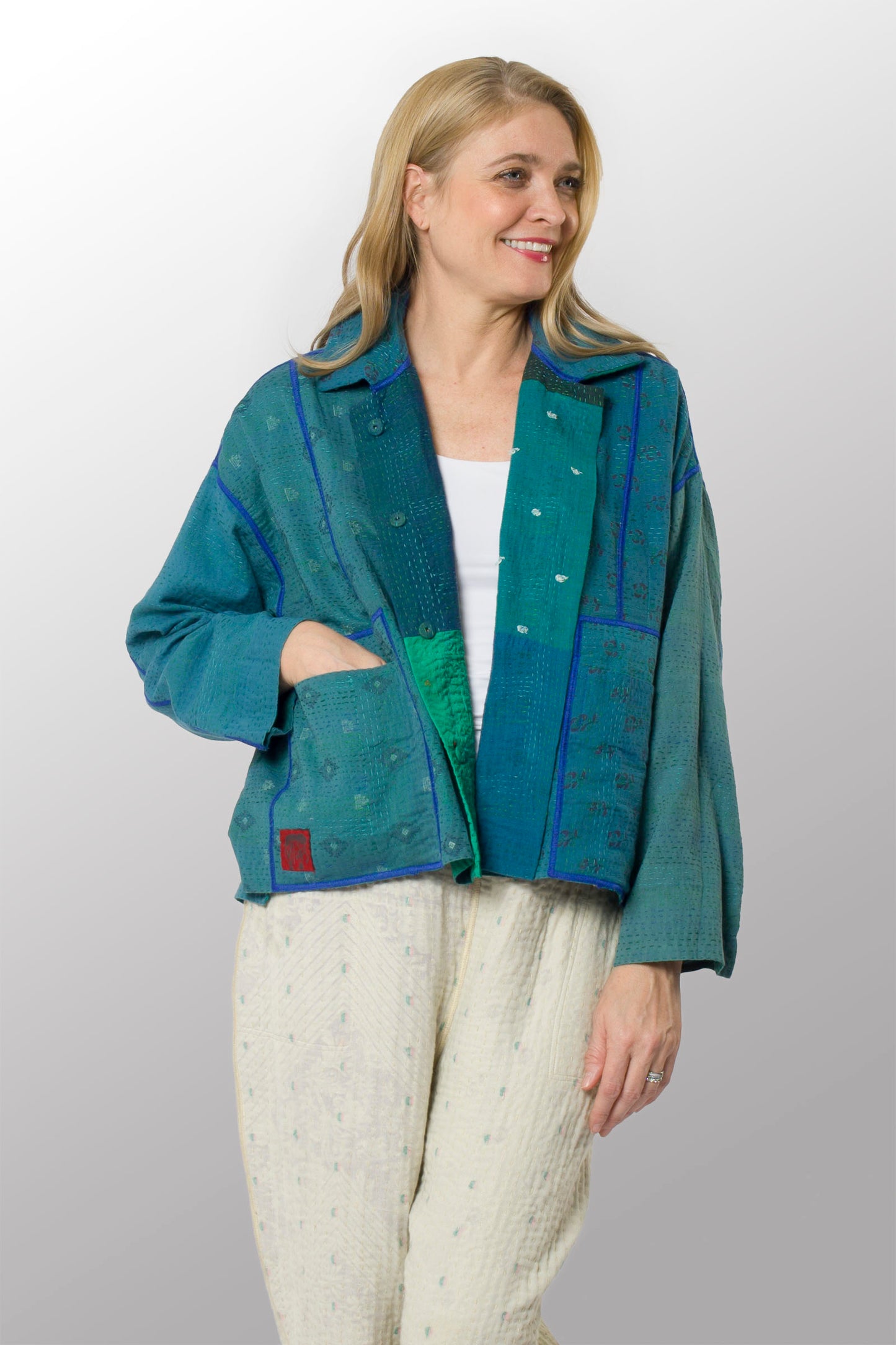 COTTON SILK SW PATCH KANTHA CROPPED SHIRT JACKET - ws2075-tel -