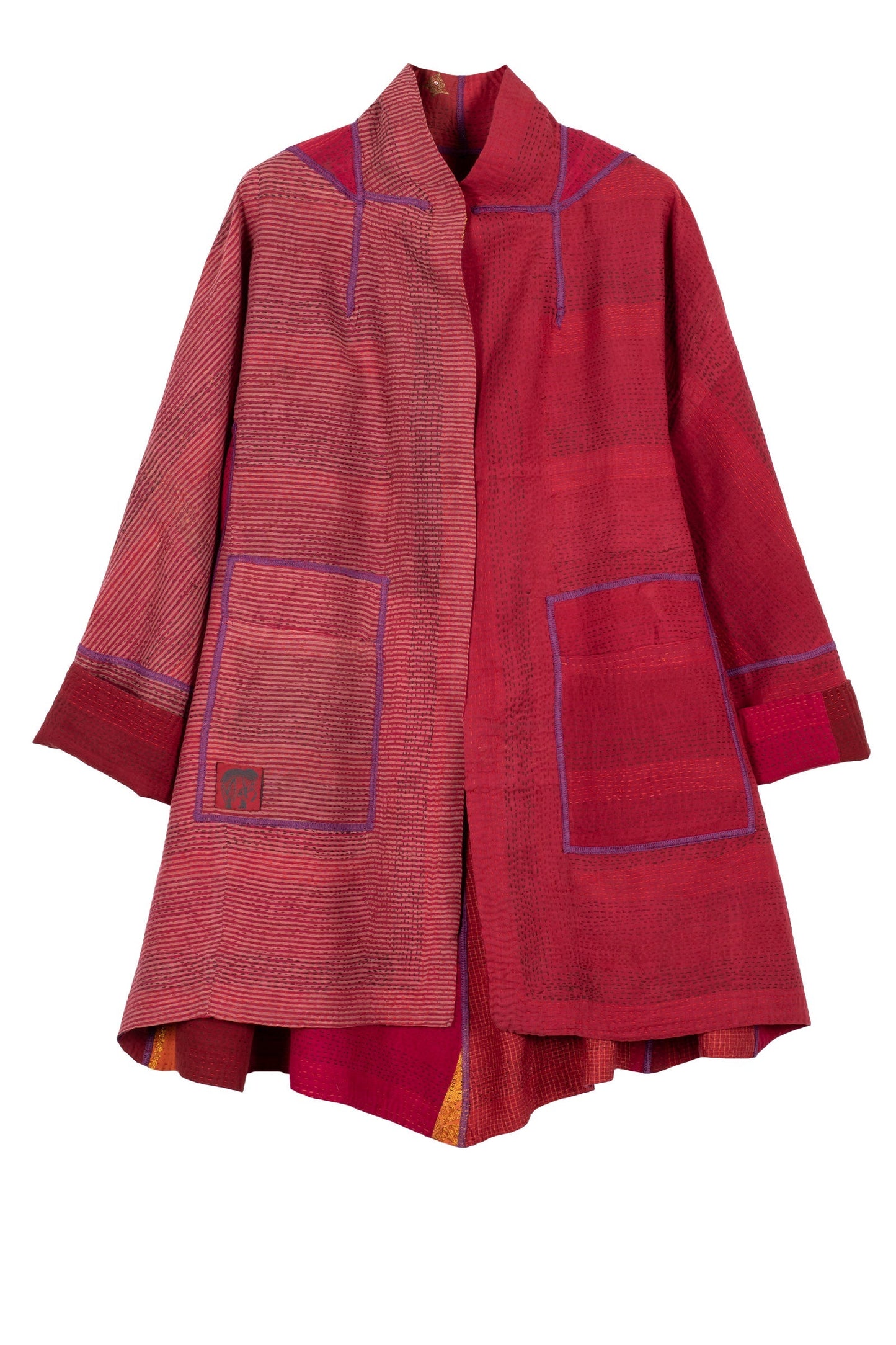 COTTON SILK SW PATCH KANTHA FLARE LONG JACKET - ws2021-red -