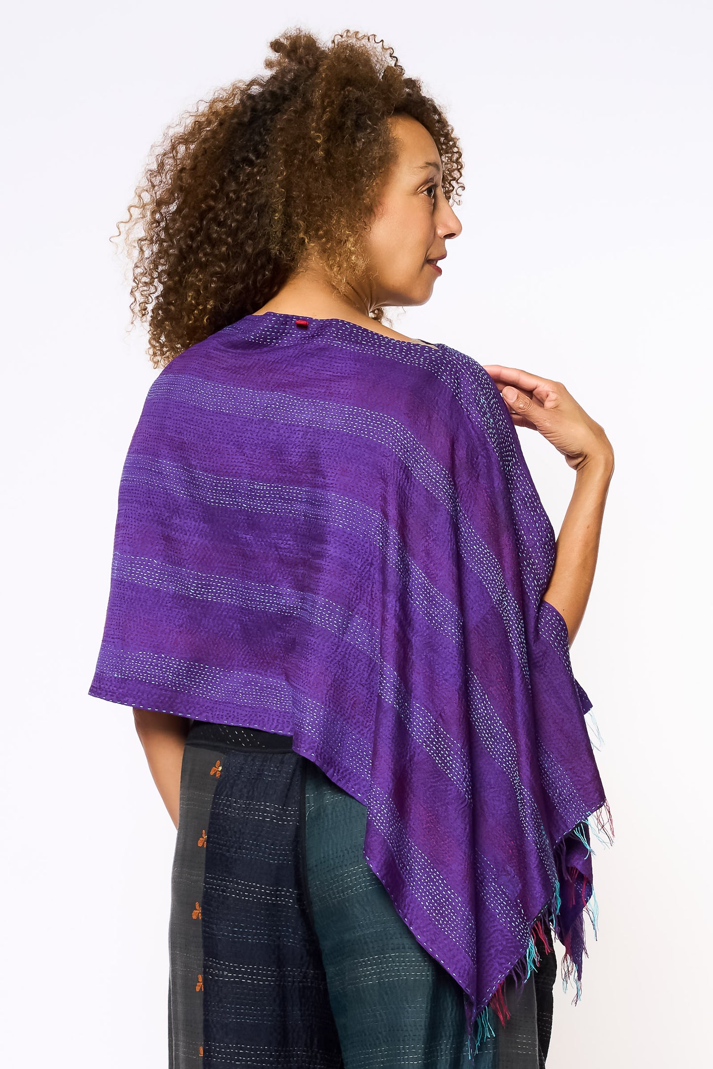VINTAGE SILK GEORGETTE KANTHA CAPE - sg2806-mlt -