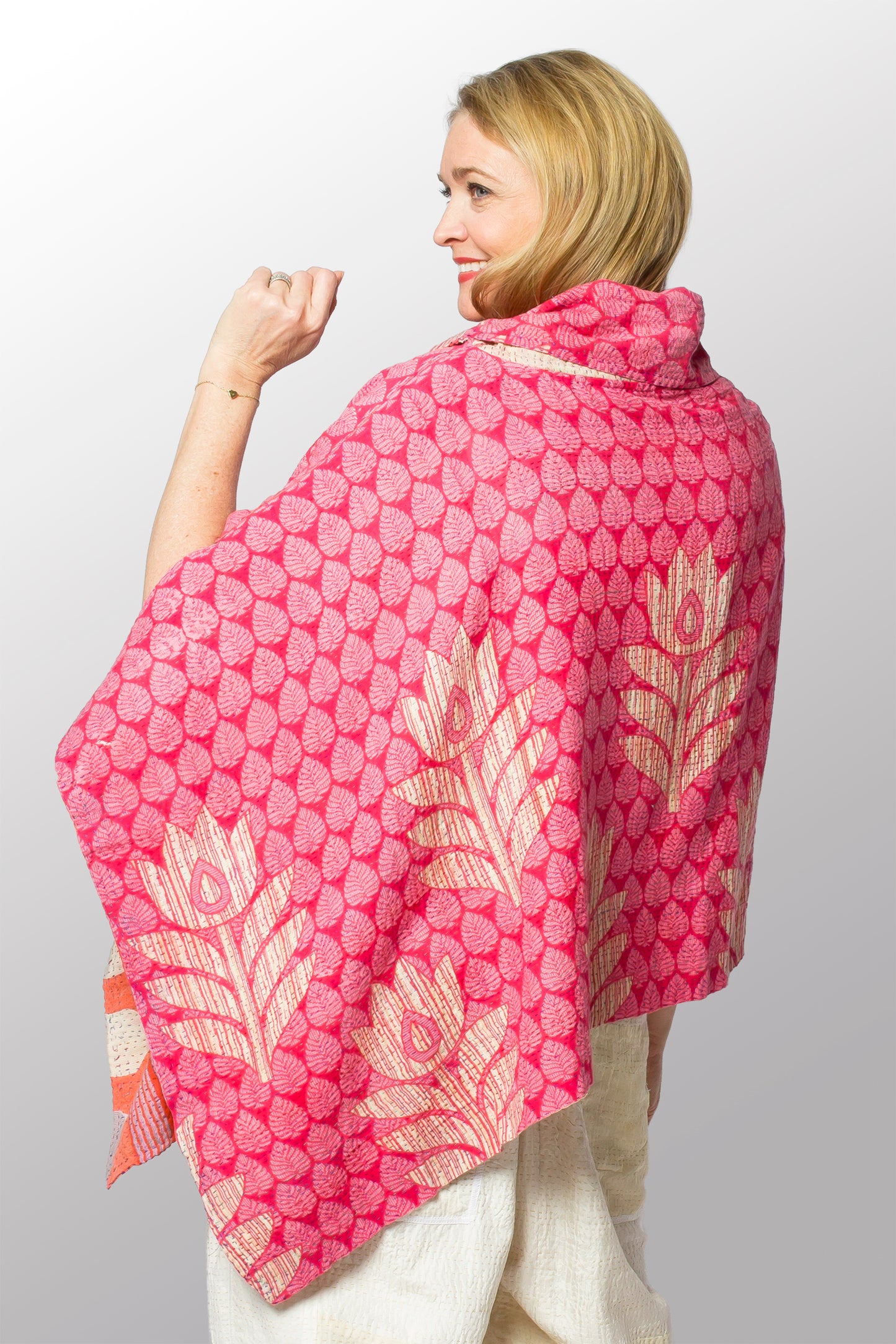 VINTAGE COTTON KANTHA COWL NECK LONG CAPE