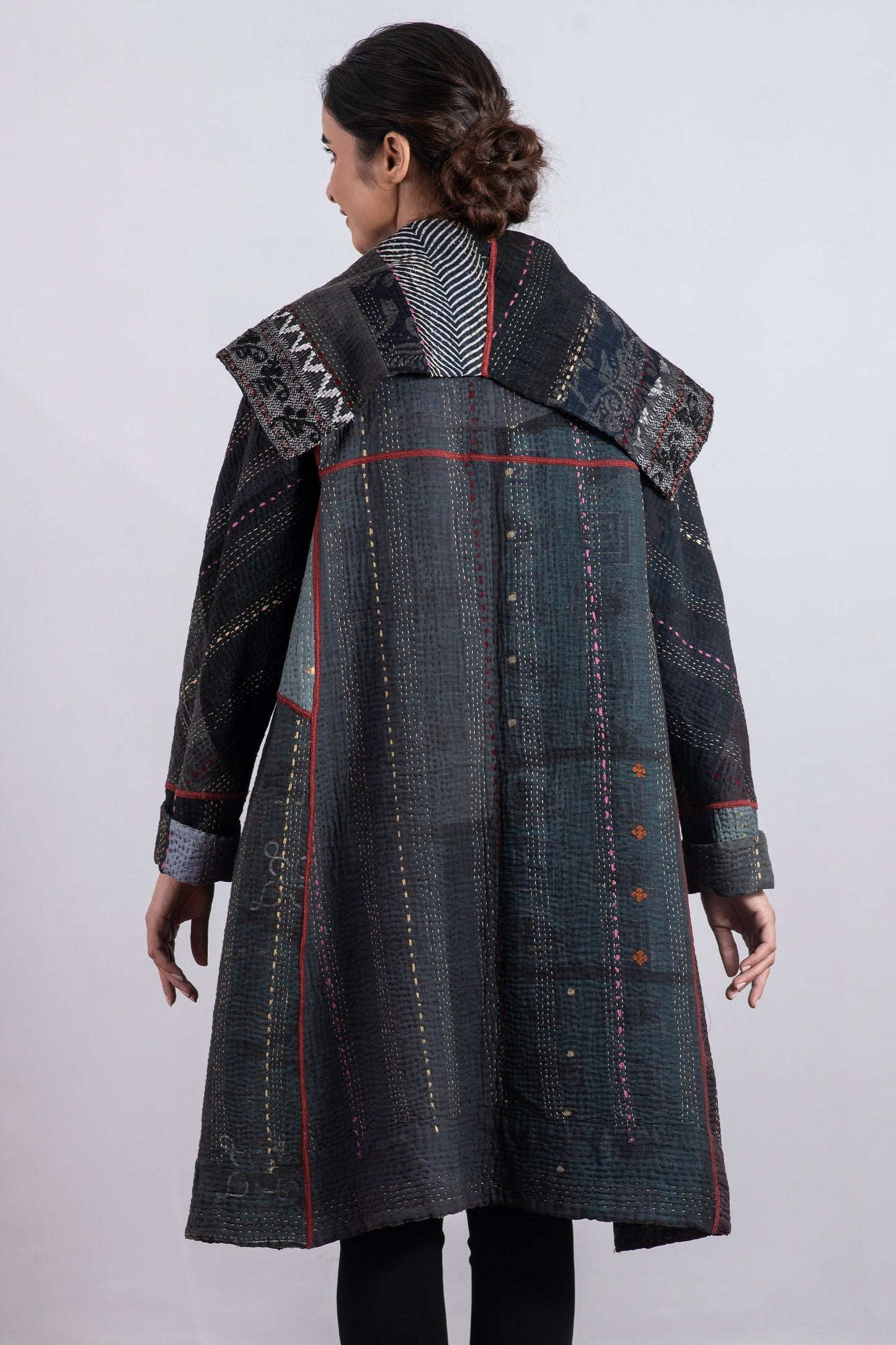 STRIPE RALLIS KANTHA A-LINE COAT - pr4309-blk -