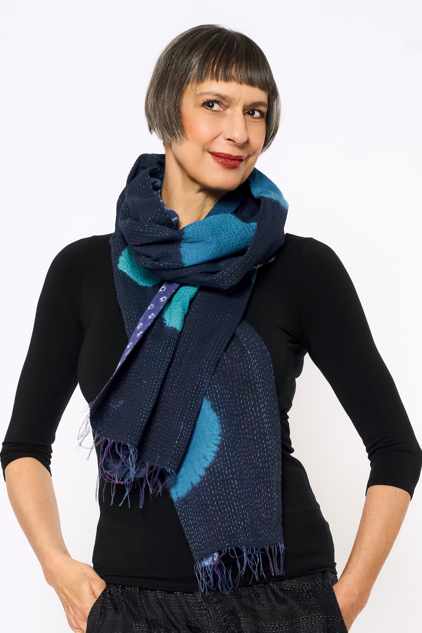 PATCH & CIRCLE PRINT KANTHA SCARF STANDARD - pc2801-blu -