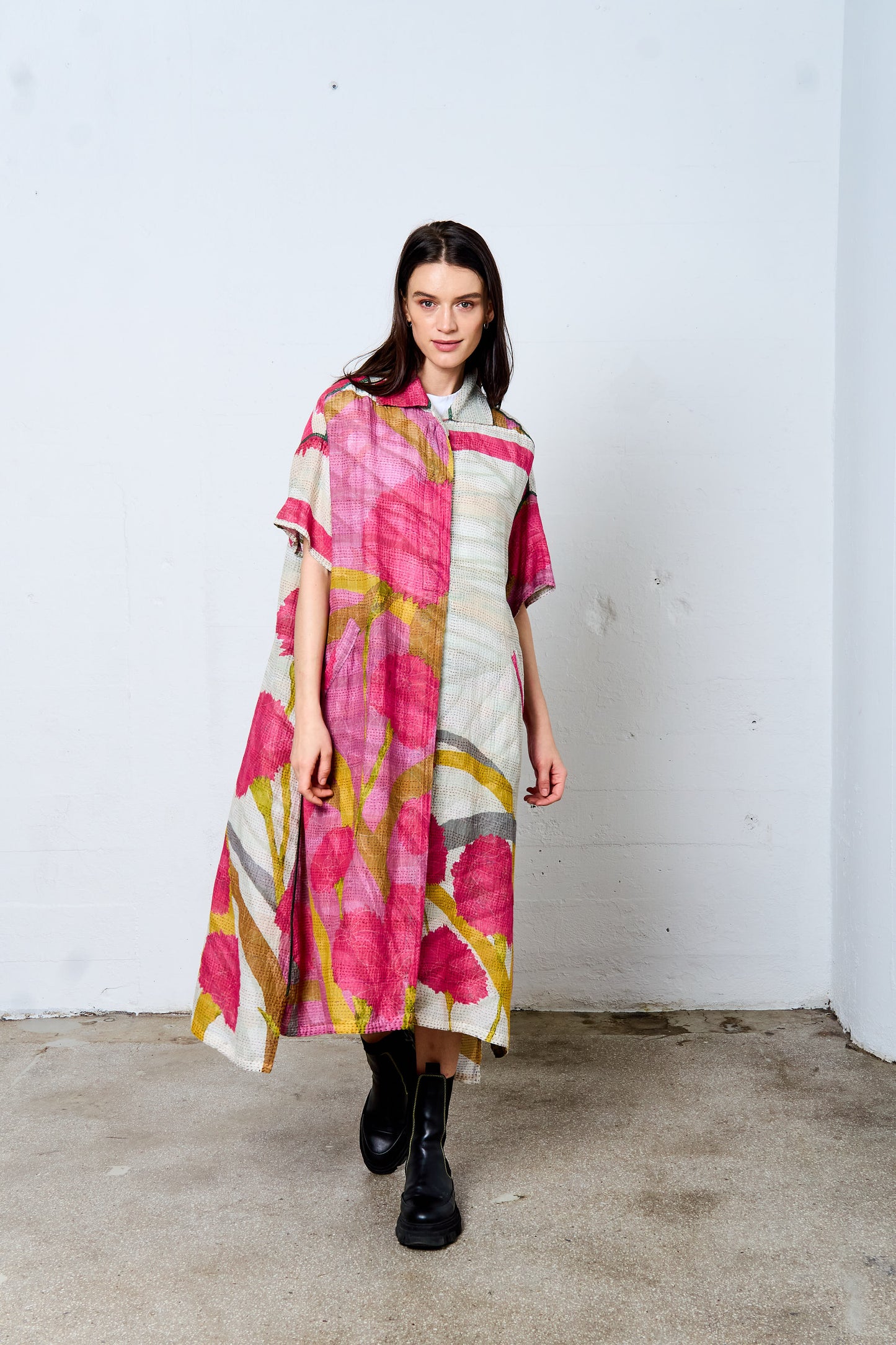 MARIGOLD PRINT KANTHA WING COLLAR DRESS - mg2454-pik -