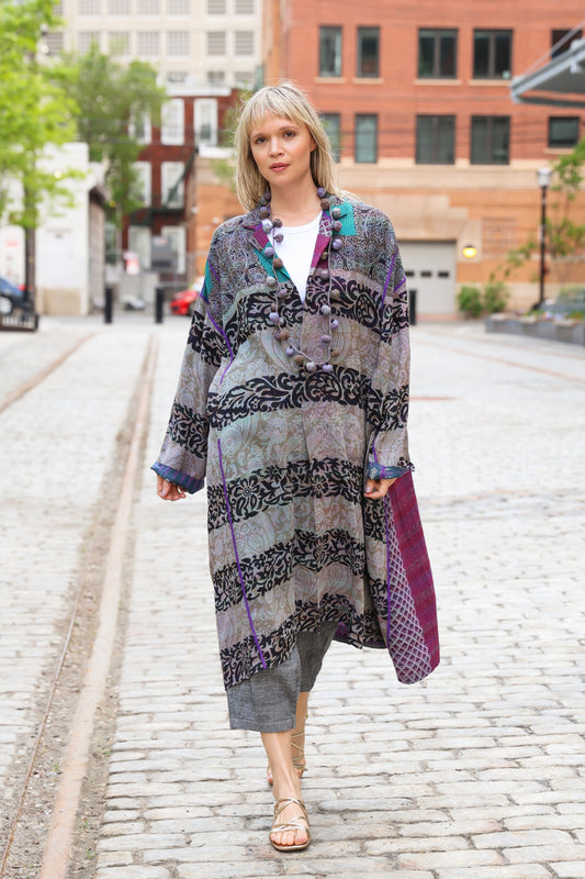 VINTAGE SILK GEORGETTE KANTHA NEW OVERSIZED COAT - sg2342-0001a -