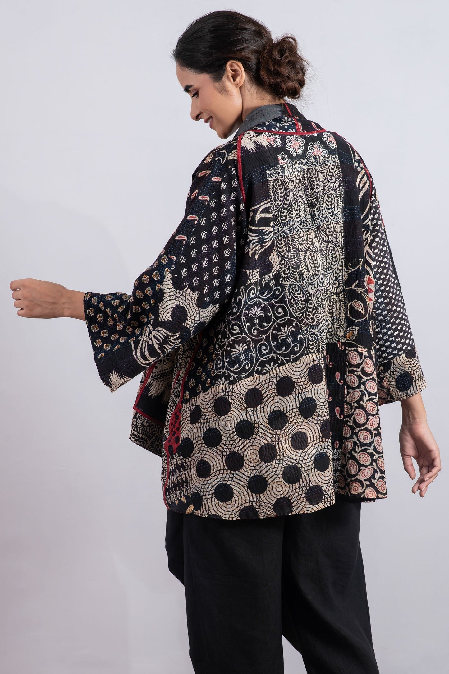PATCH & CIRCLE PRINT KANTHA KIMONO JKT - pc2004-blk -