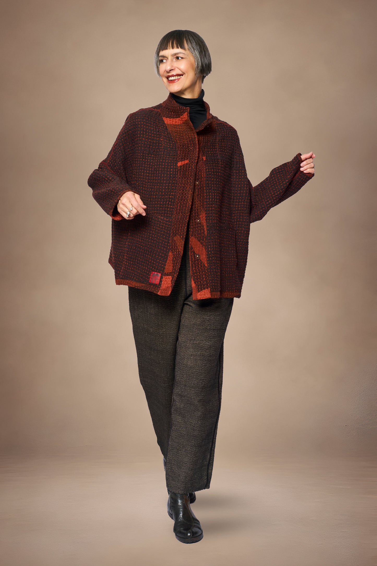 ABSTRACT WAFFLE KANTHA FUNNEL NECK JACKET - bw3j102-org -