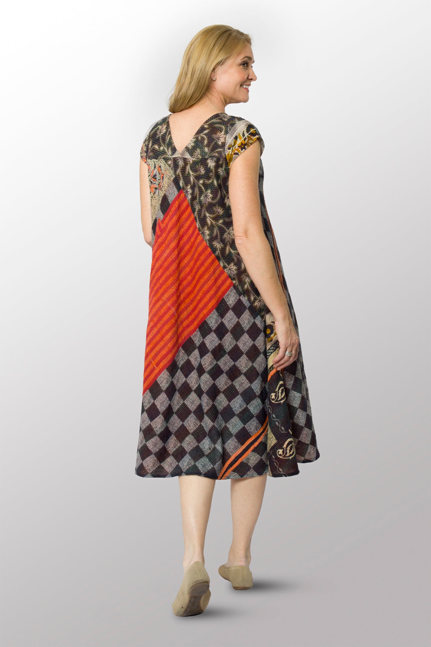 VINTAGE COTTON KANTHA CAP SLV. FLARE DRESS - cv2425-0016m -