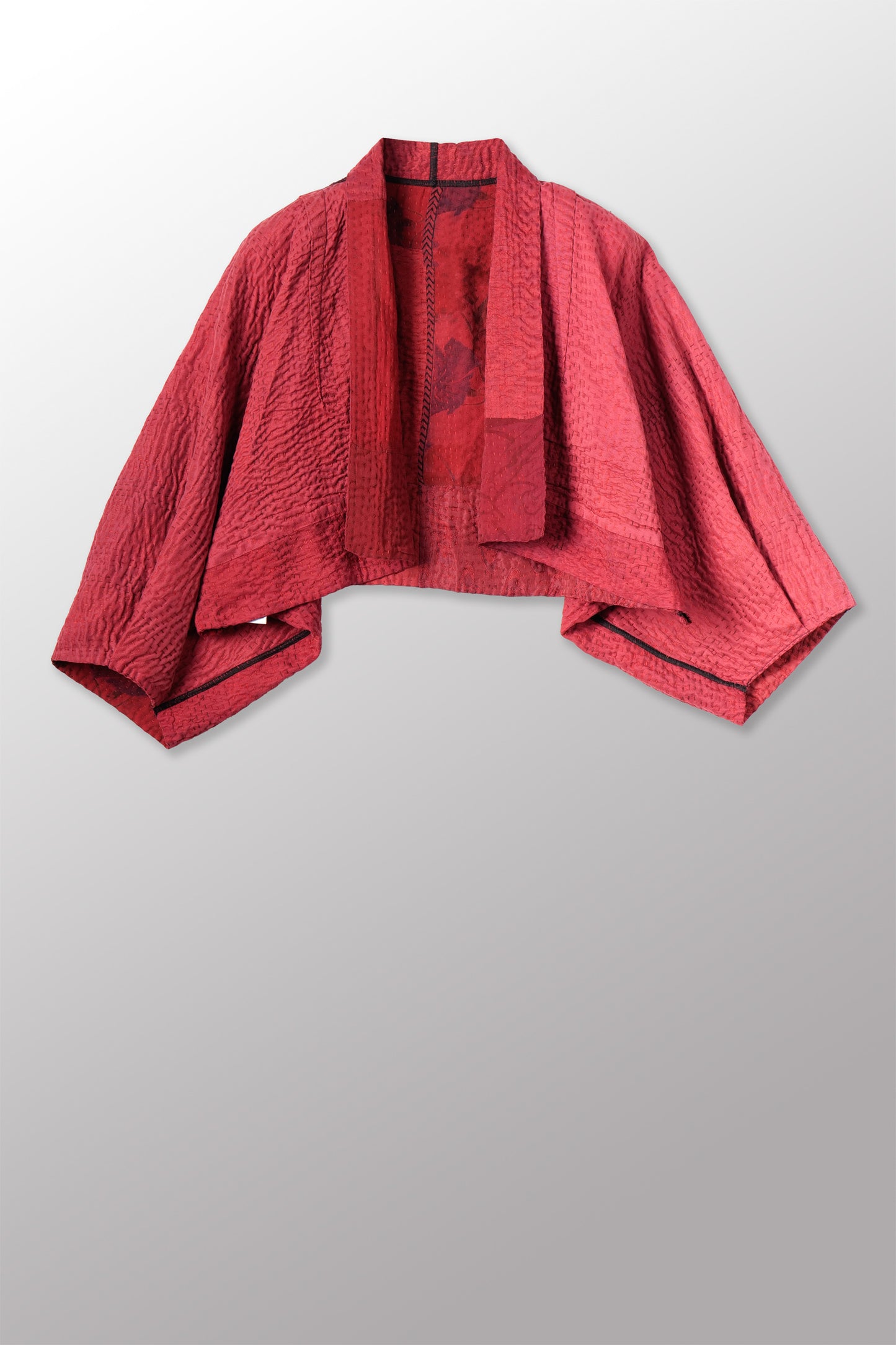 GEORGETTE JACQUARD VINTAGE SILK PATCH KANTHA PUFF SLV. SHRUG - gj4062-red -