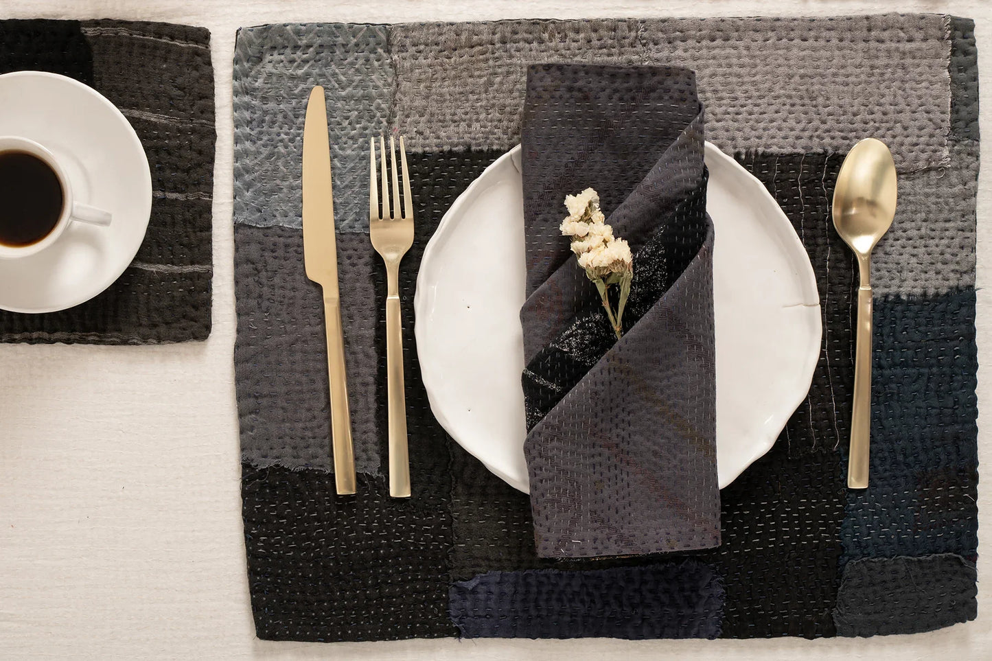 Landscape Fray Patch Vintage Kantha Placemat -Black (Set of 2)