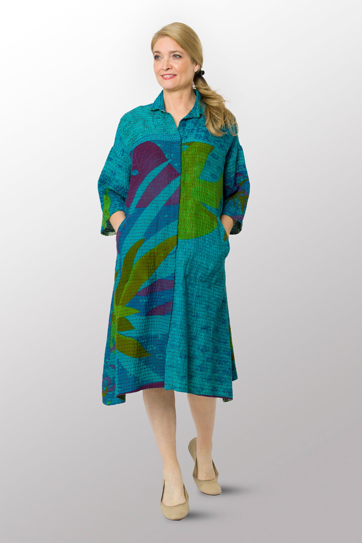 VINTAGE COTTON BBK KANTHA 3/4 SLV. SHIRT DRESS - bb2459-0001s -